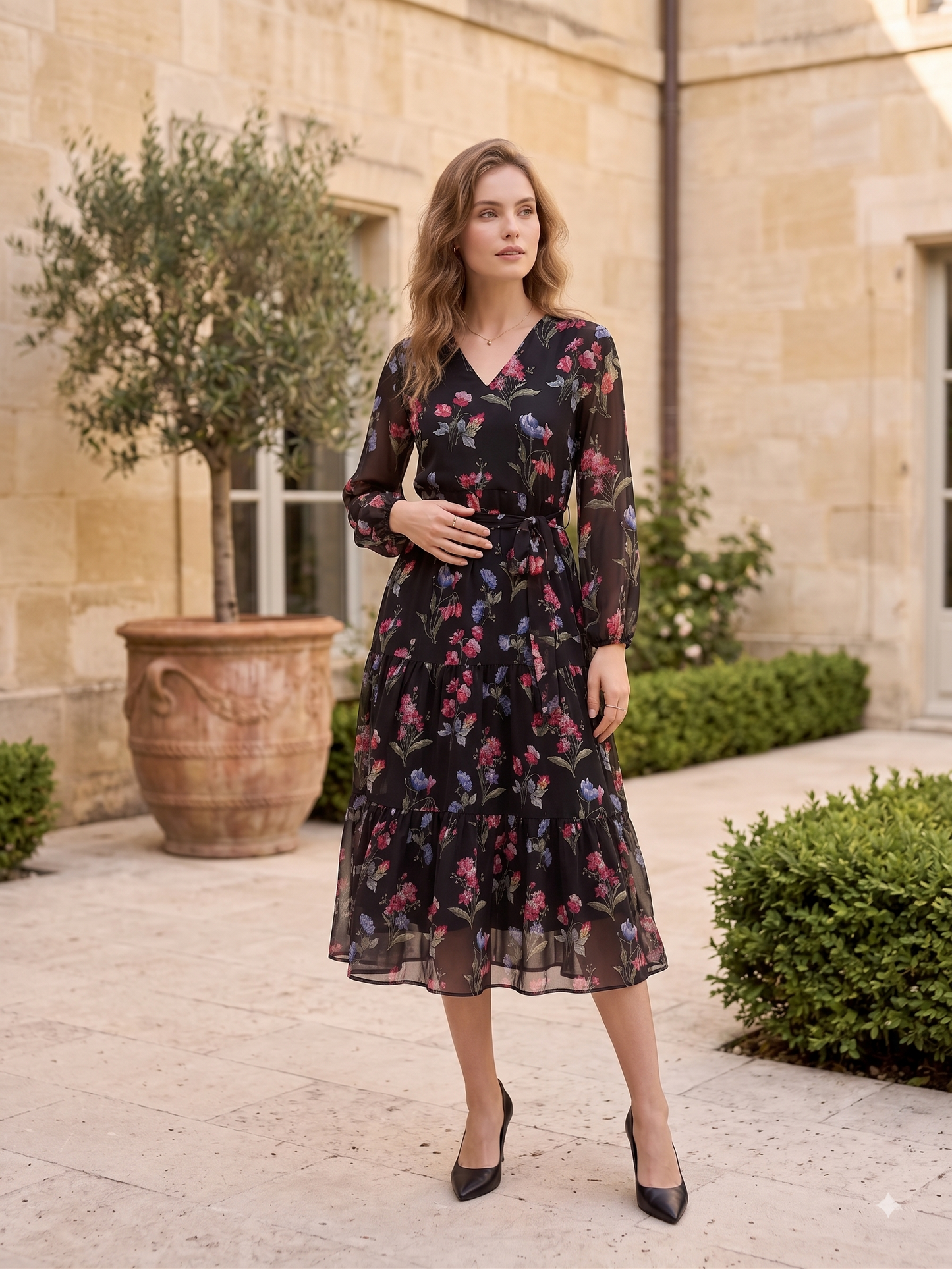Women Black Floral Printed Fit & Flare Midi Dress
