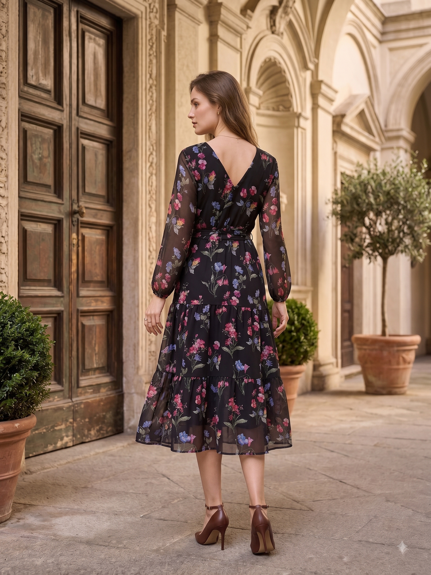 Women Black Floral Printed Fit & Flare Midi Dress