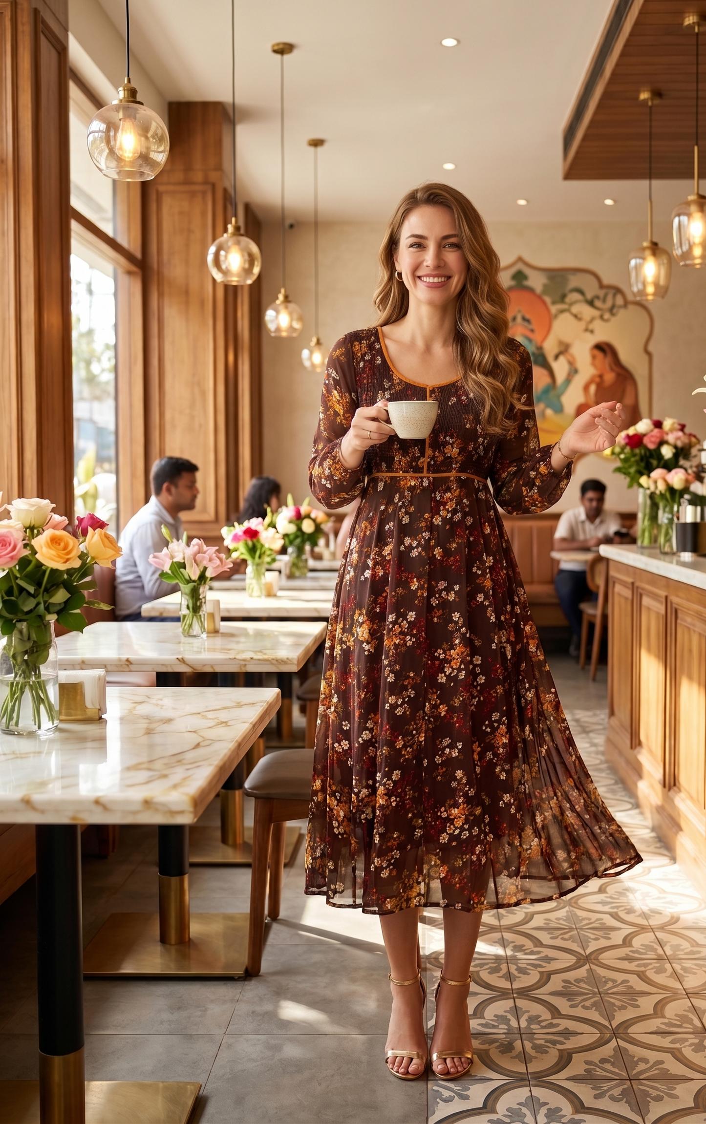 Souchii Brown Floral Print Midi Dress for Women | Sheer Sleeve Fit & Flare Dress