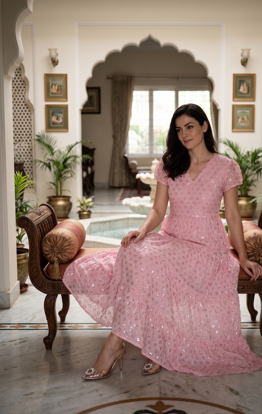 Souchii Pink Sequin Embroidered Fit & Flare Midi Party Dress