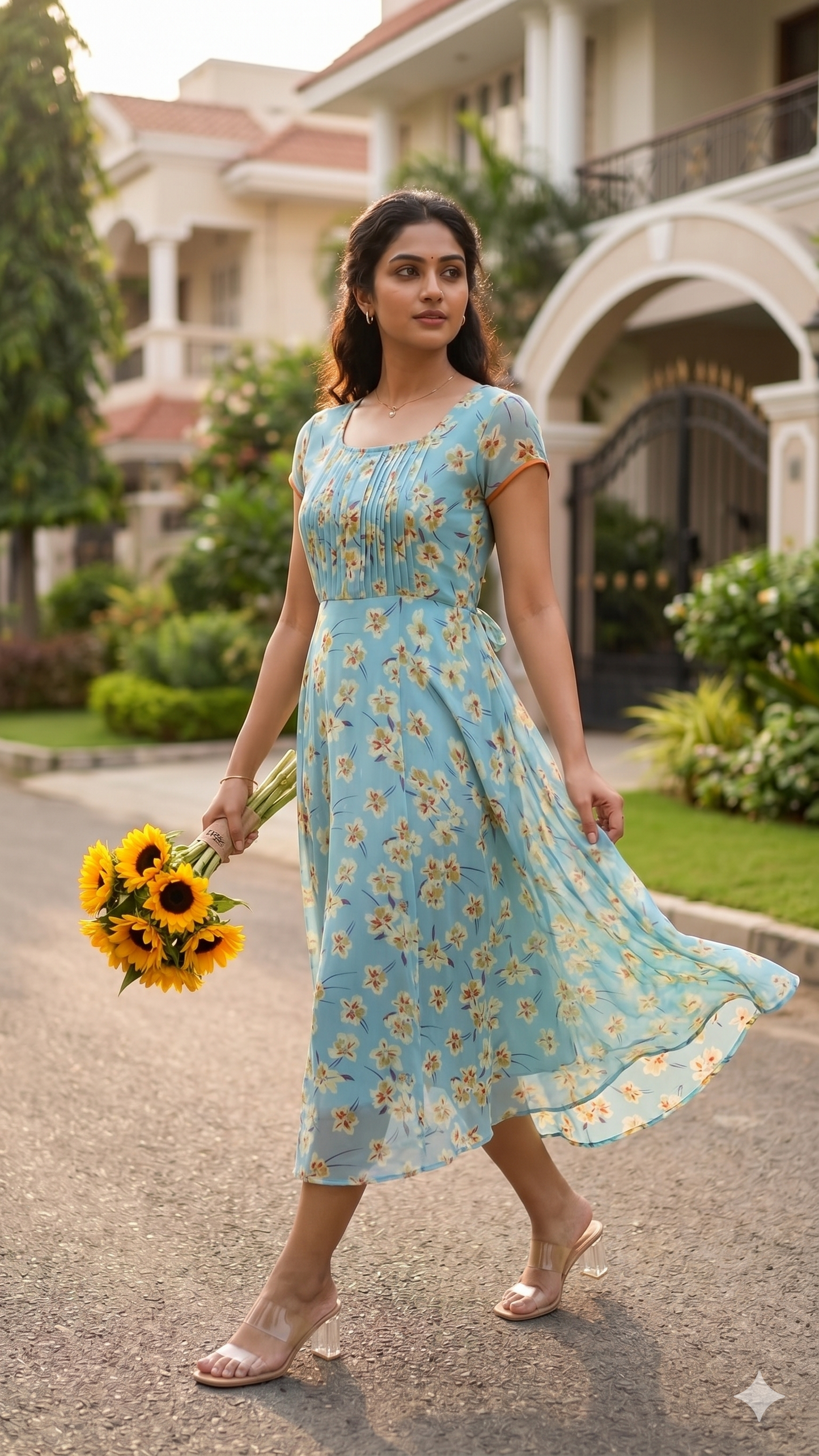 Souchii Women's Pale Blue Floral Printed Chiffon Midi Dress | Flowy A-Line Summer Dress with Empire Waist & Cap Sleeves