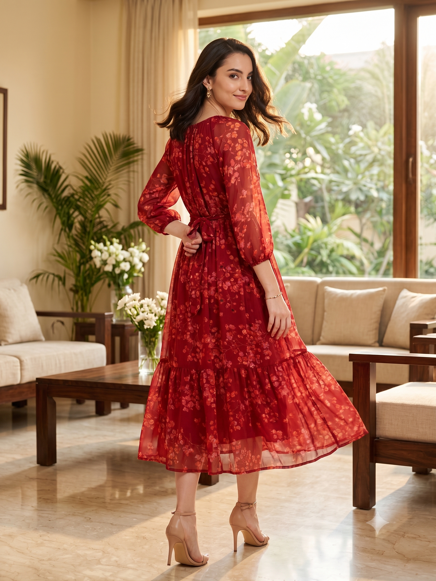 Floral Printed Chiffon Midi Dress with Sheer Sleeves | Souchii