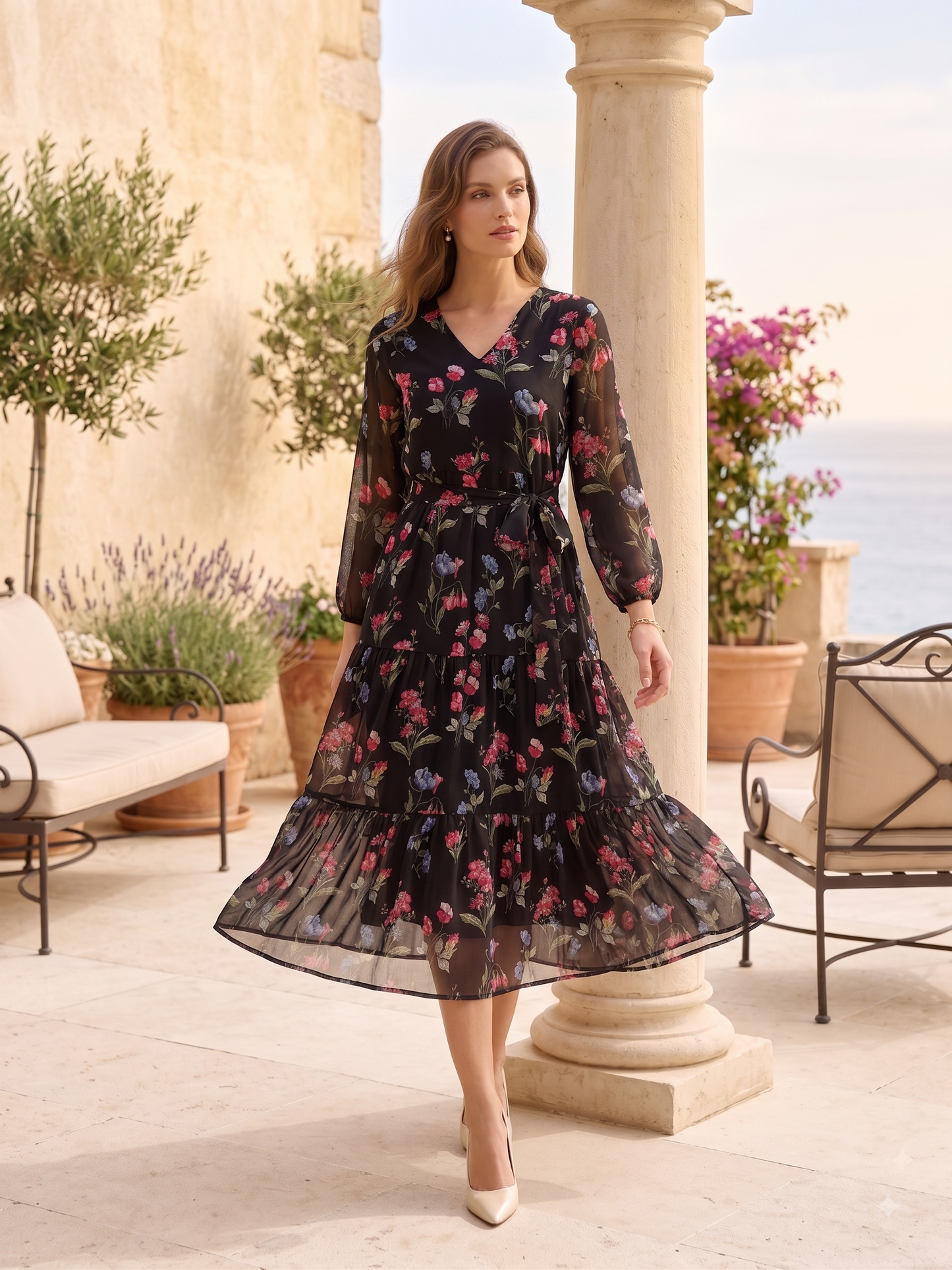 Women Black Floral Printed Fit & Flare Midi Dress