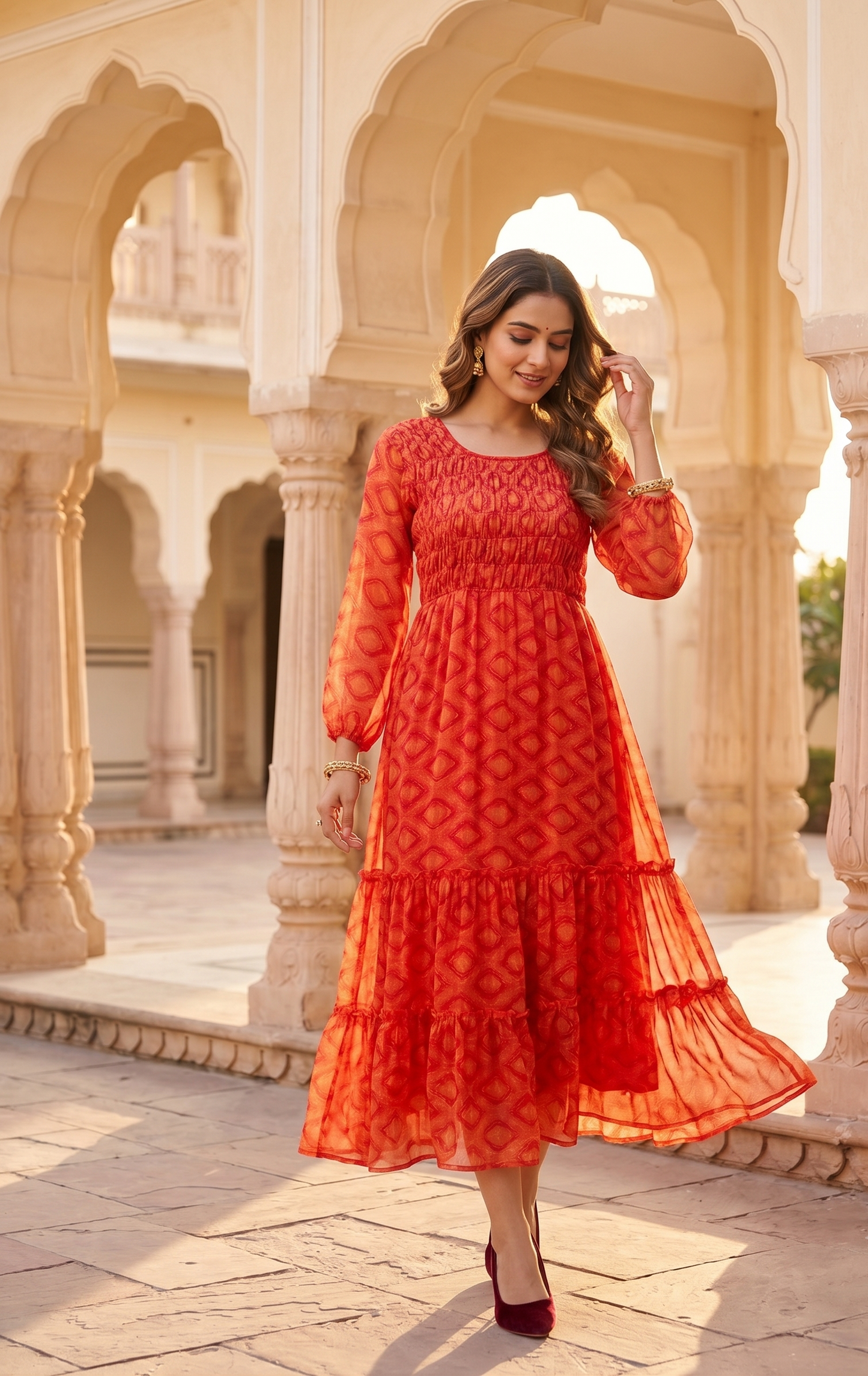 Souchii Red Printed Chiffon Midi Dress