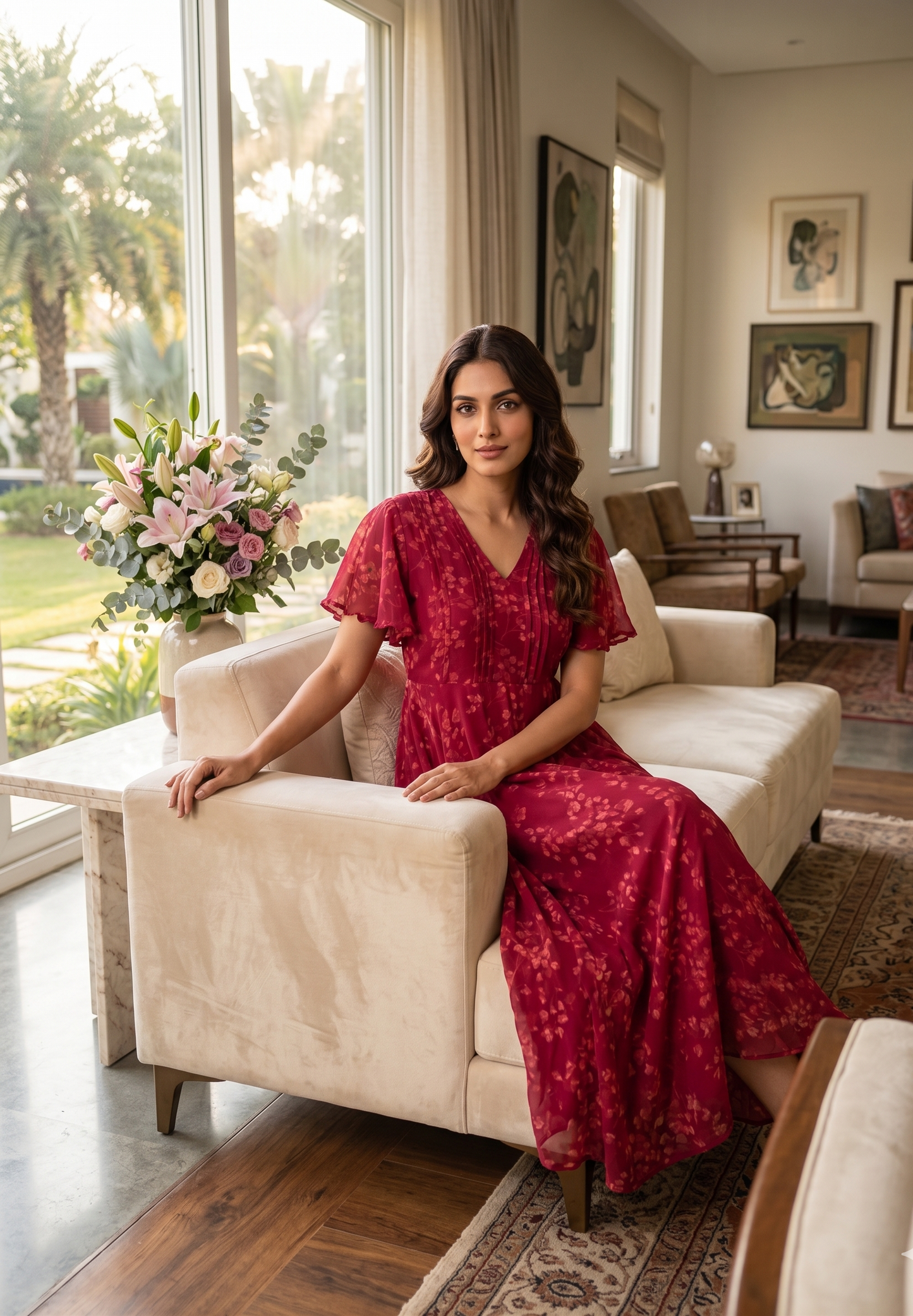 Souchii Women Red Floral Print Chiffon Fit & Flare Midi Dress with Flutter Sleeves