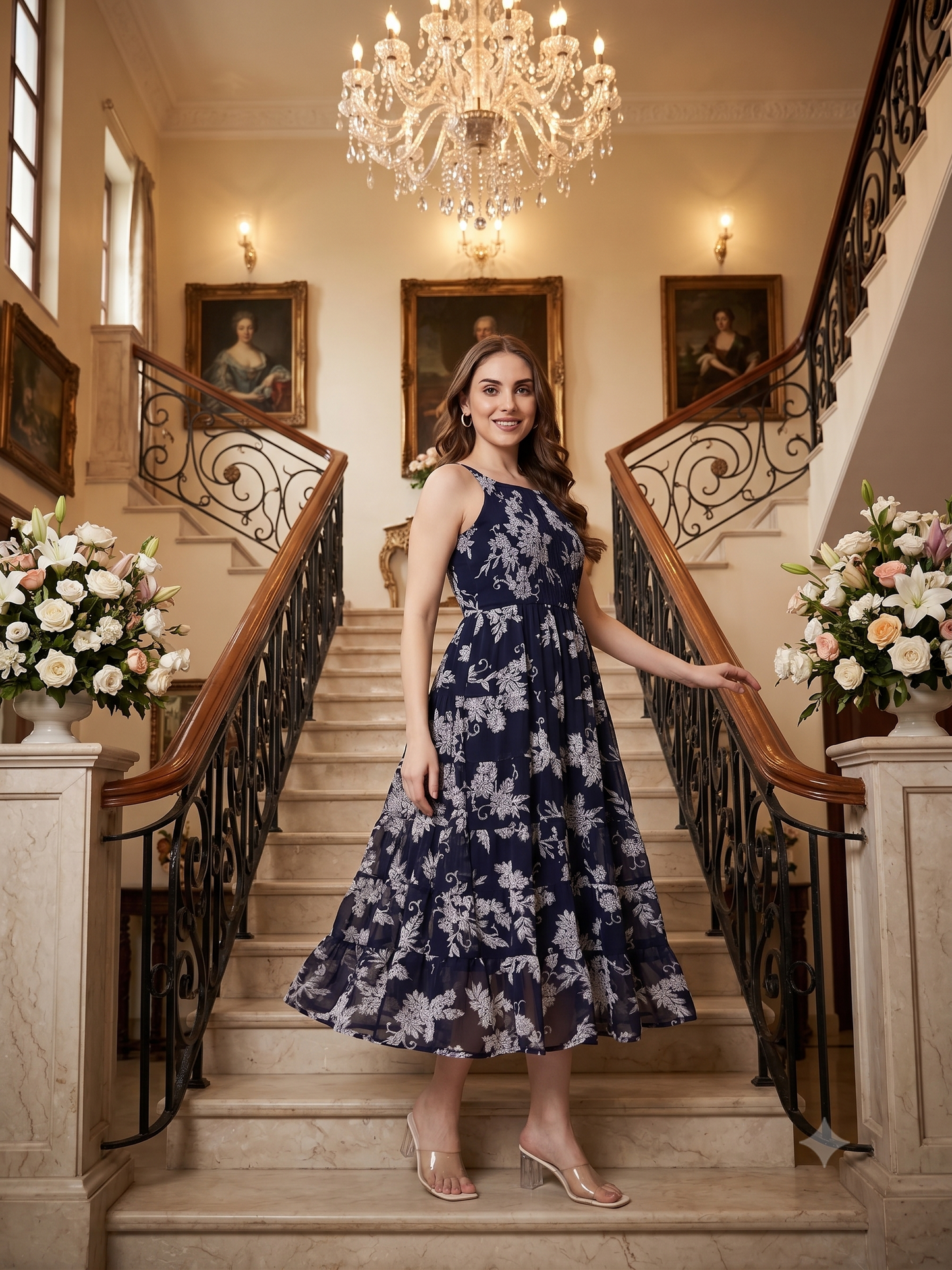 Souchii Women's Navy Blue Floral Printed Tiered Chiffon Midi Dress | Elegant Sleeveless Fit & Flare Party Dress