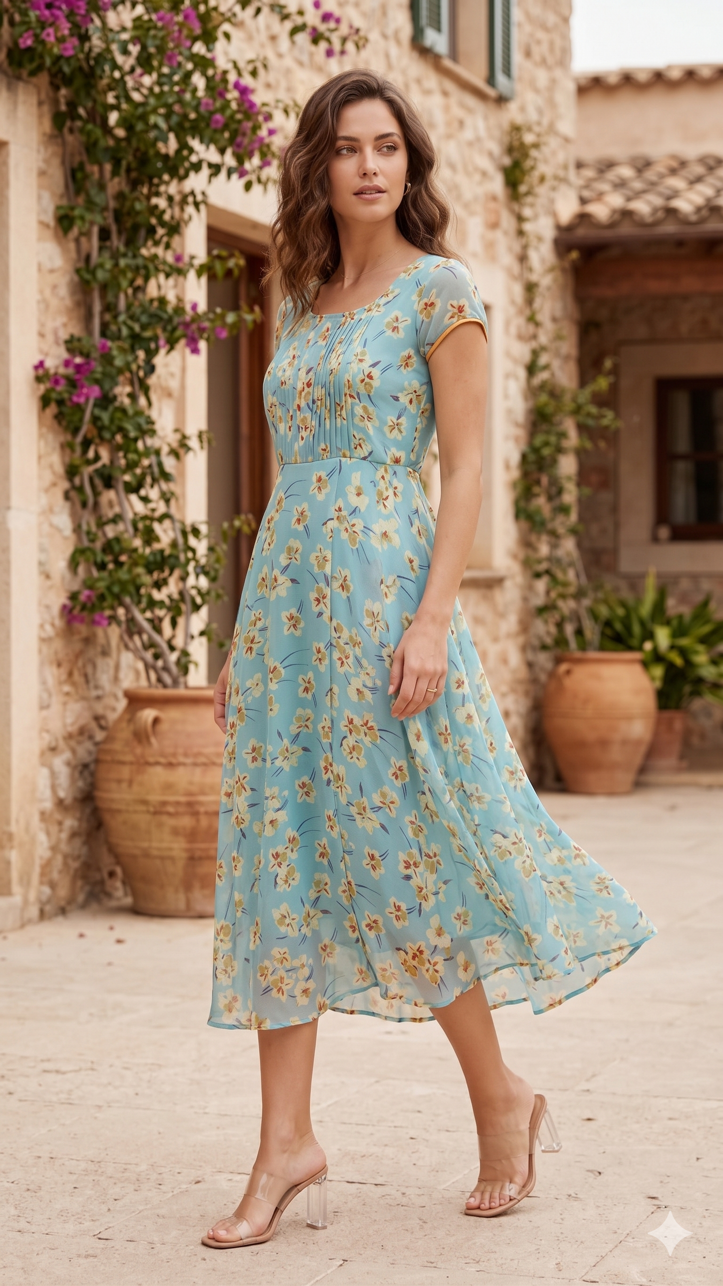 Souchii Women's Pale Blue Floral Printed Chiffon Midi Dress | Flowy A-Line Summer Dress with Empire Waist & Cap Sleeves