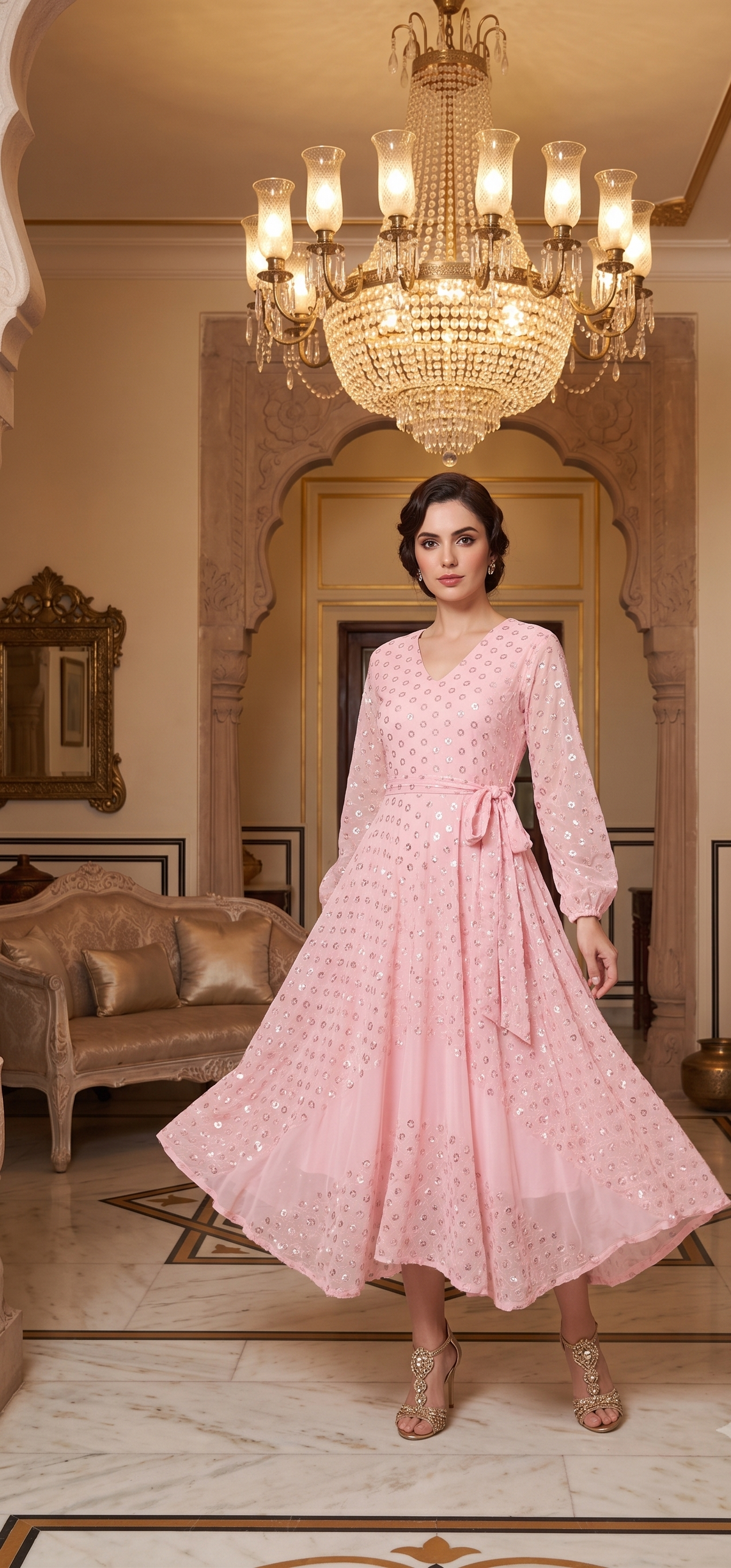 Souchii Blush Pink Sequin-Embellished Chiffon Wrap Midi Party Dress