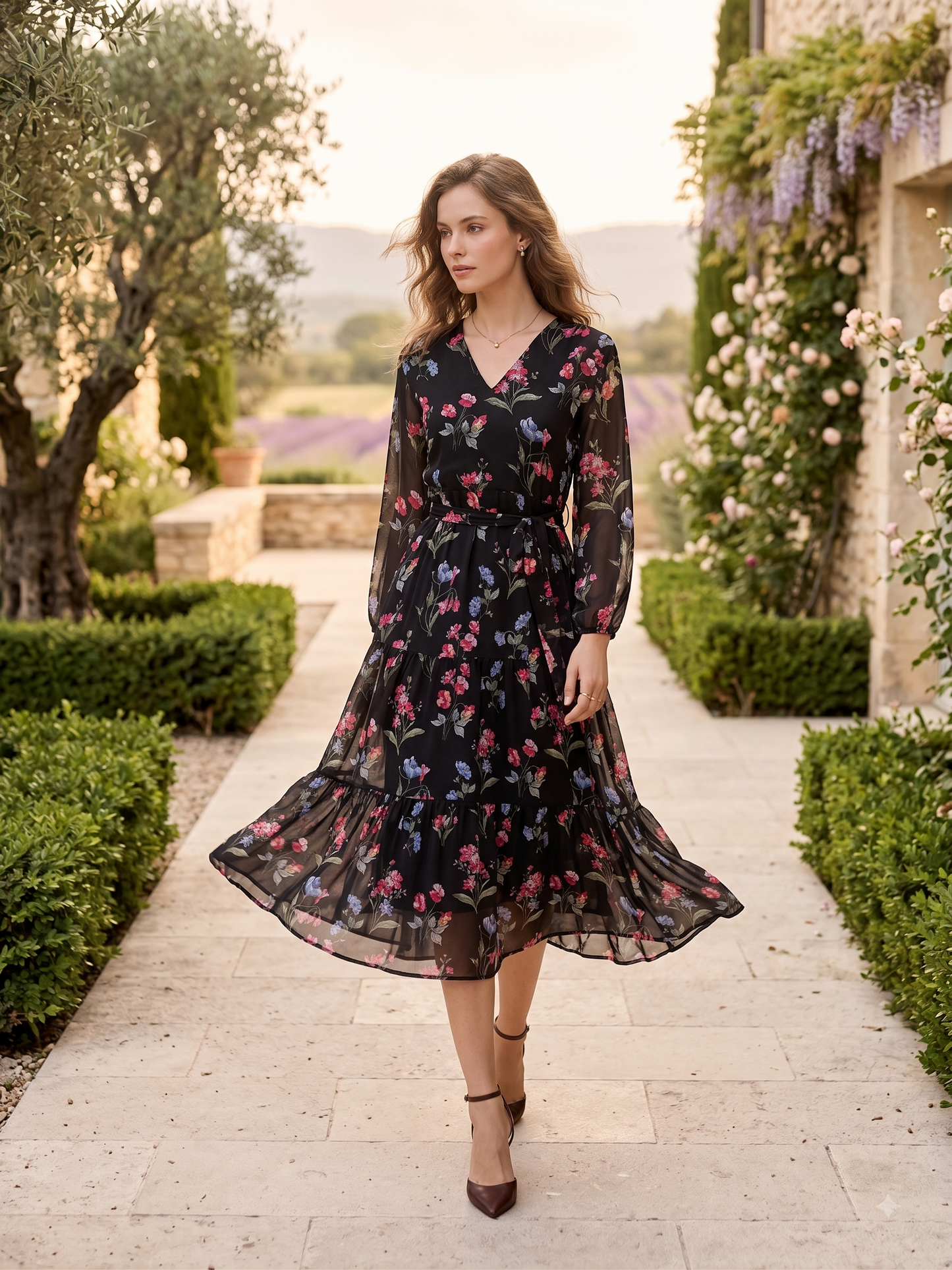 Women Black Floral Printed Fit & Flare Midi Dress