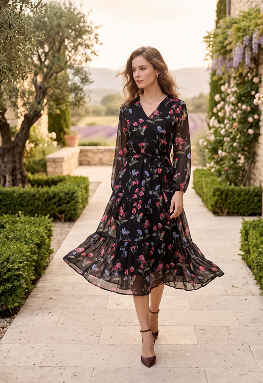 Women Black Floral Printed Fit & Flare Midi Dress