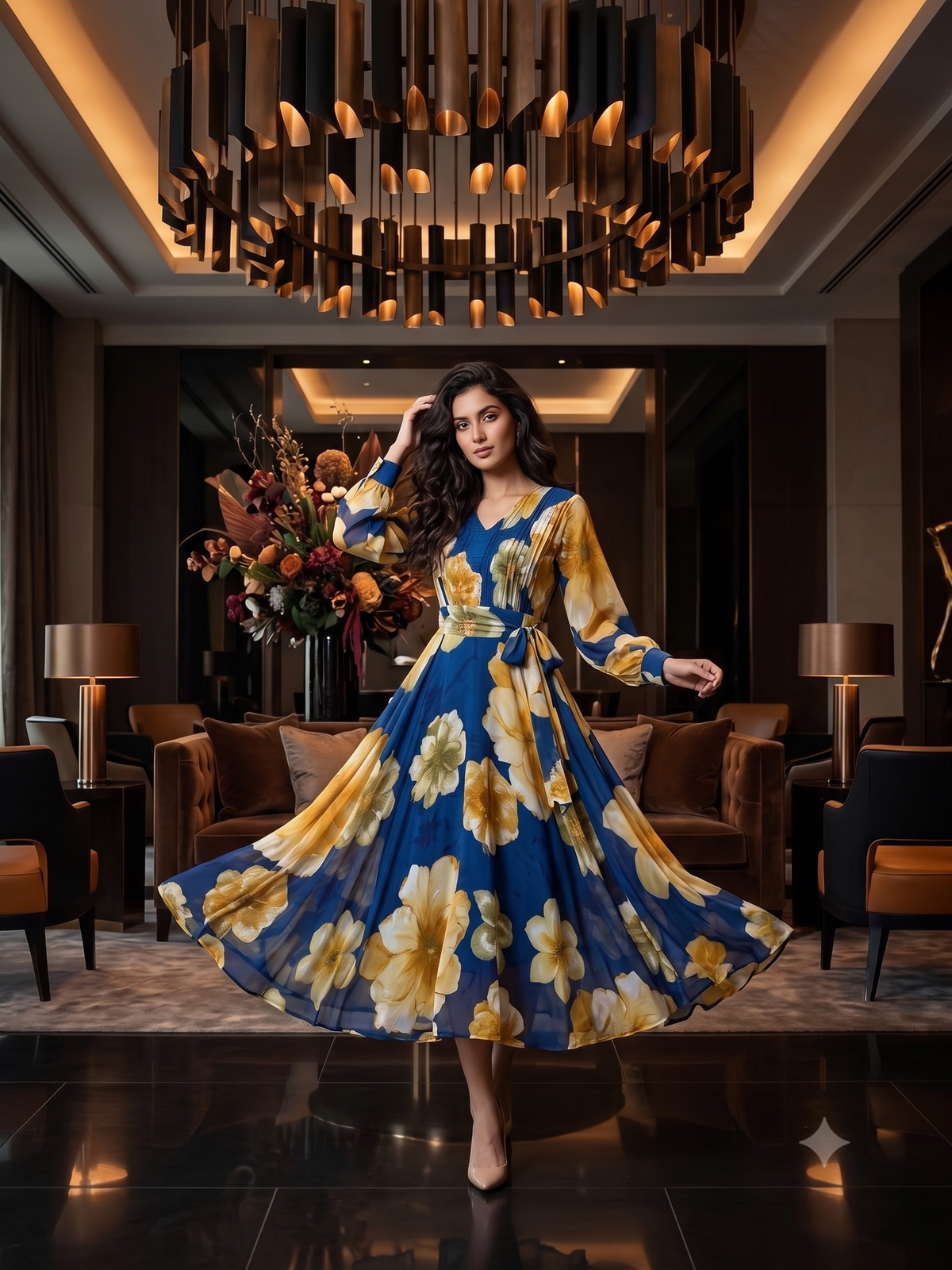 Blue Floral Fit & Flare Maxi Dress with Full Sleeves