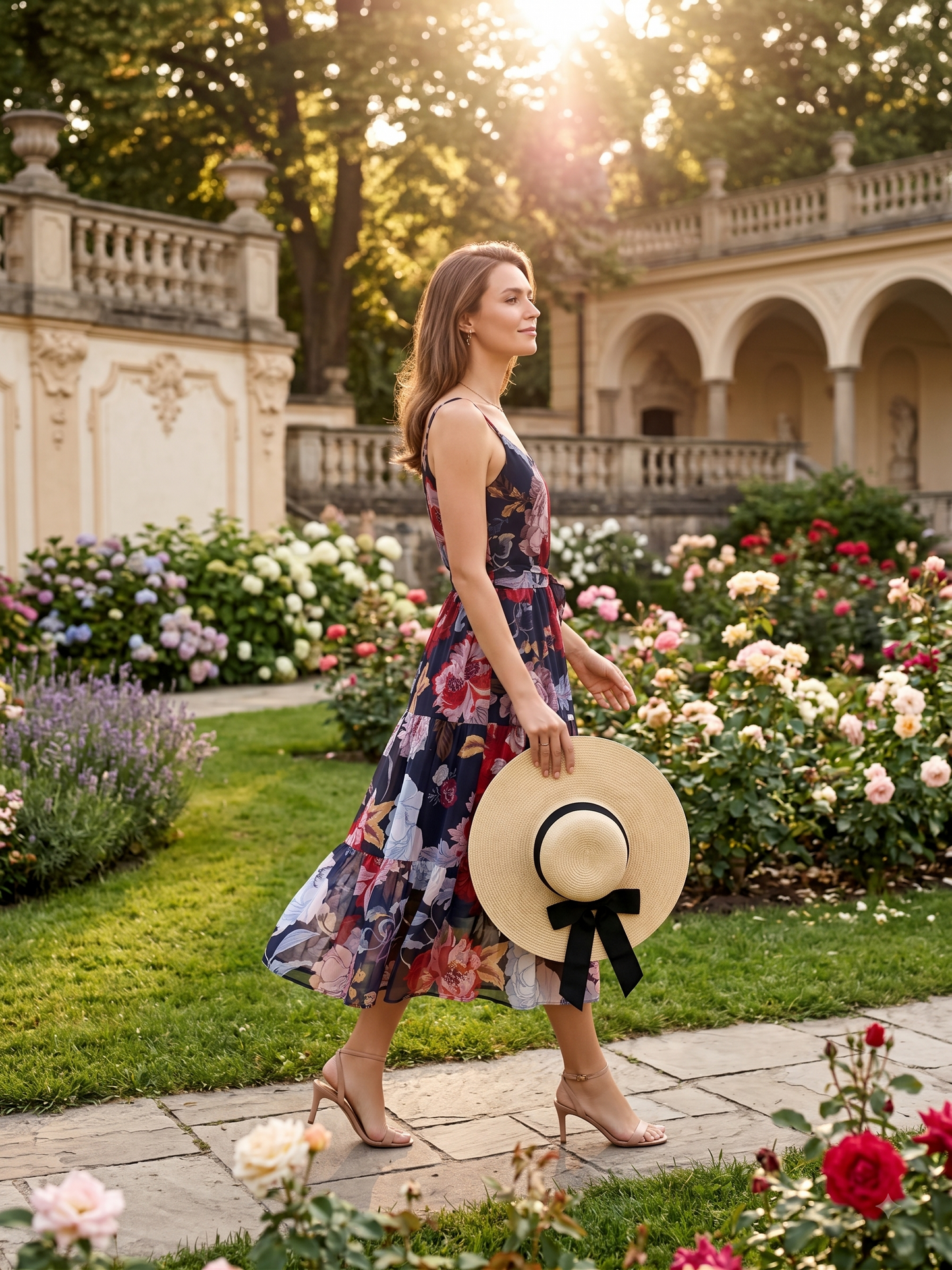 Navy Blue Floral Printed Fit & Flare Midi Dress for Women | Souchii