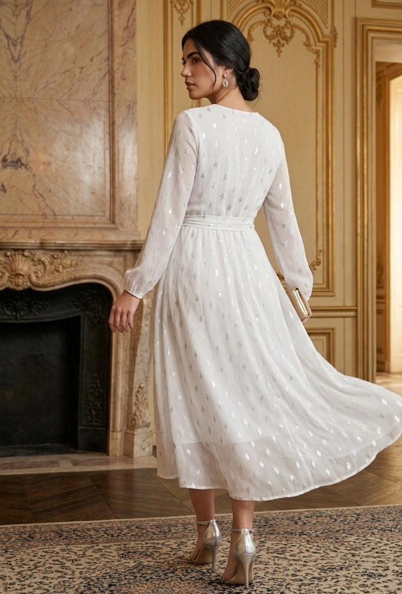 Souchii White Silver Embellished Chiffon Party Dress