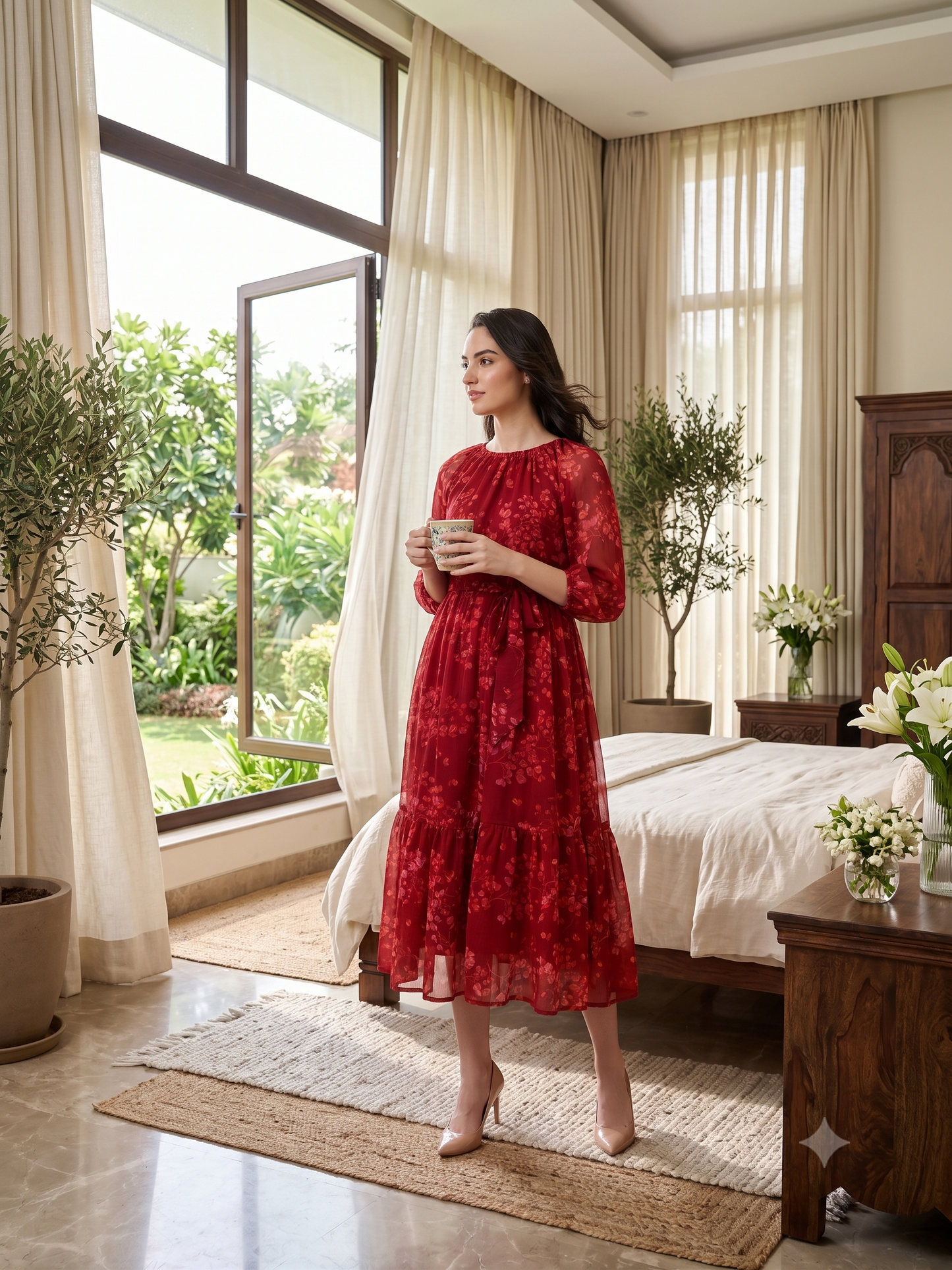 Floral Printed Chiffon Midi Dress with Sheer Sleeves | Souchii