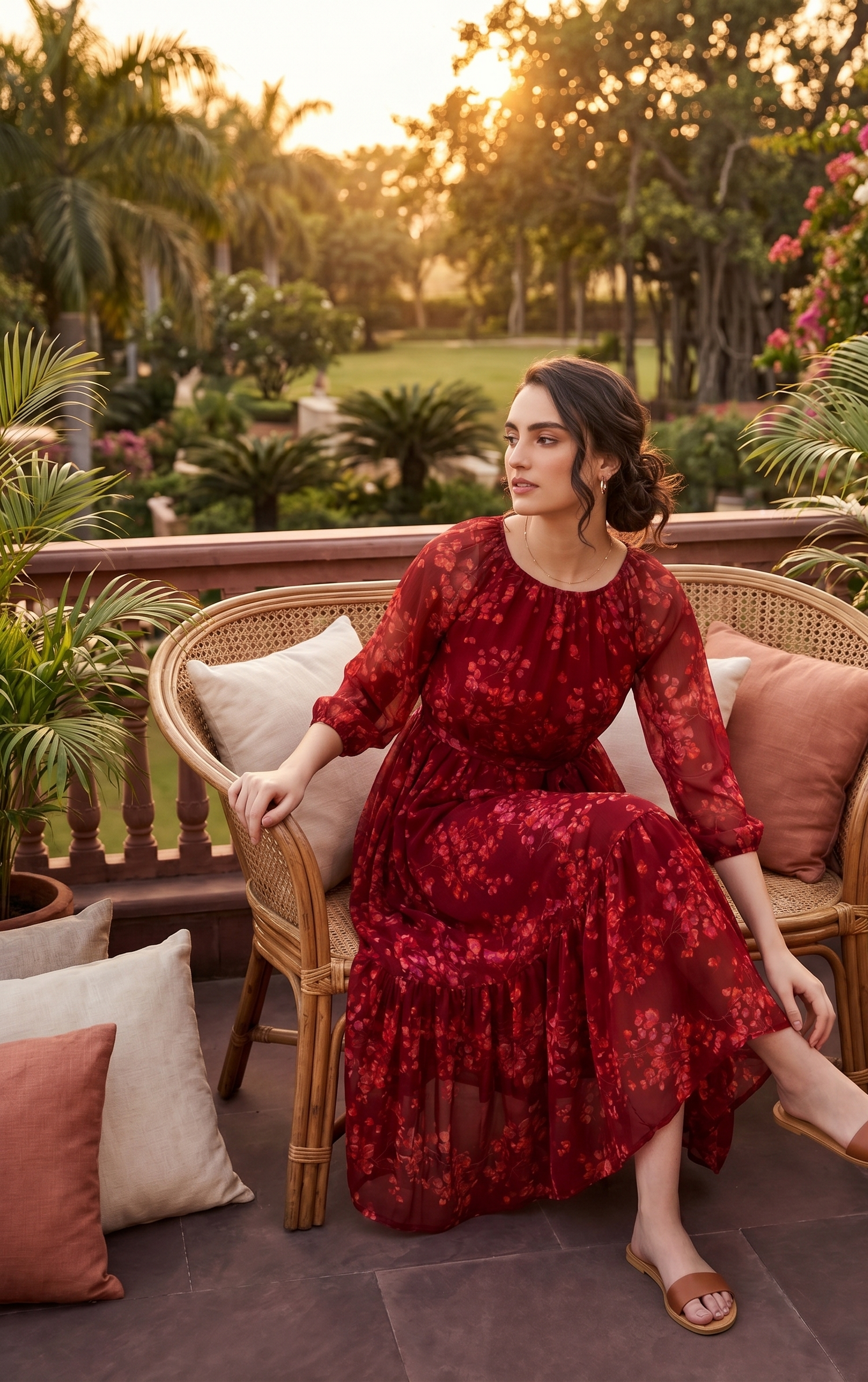 Floral Printed Chiffon Midi Dress with Sheer Sleeves | Souchii