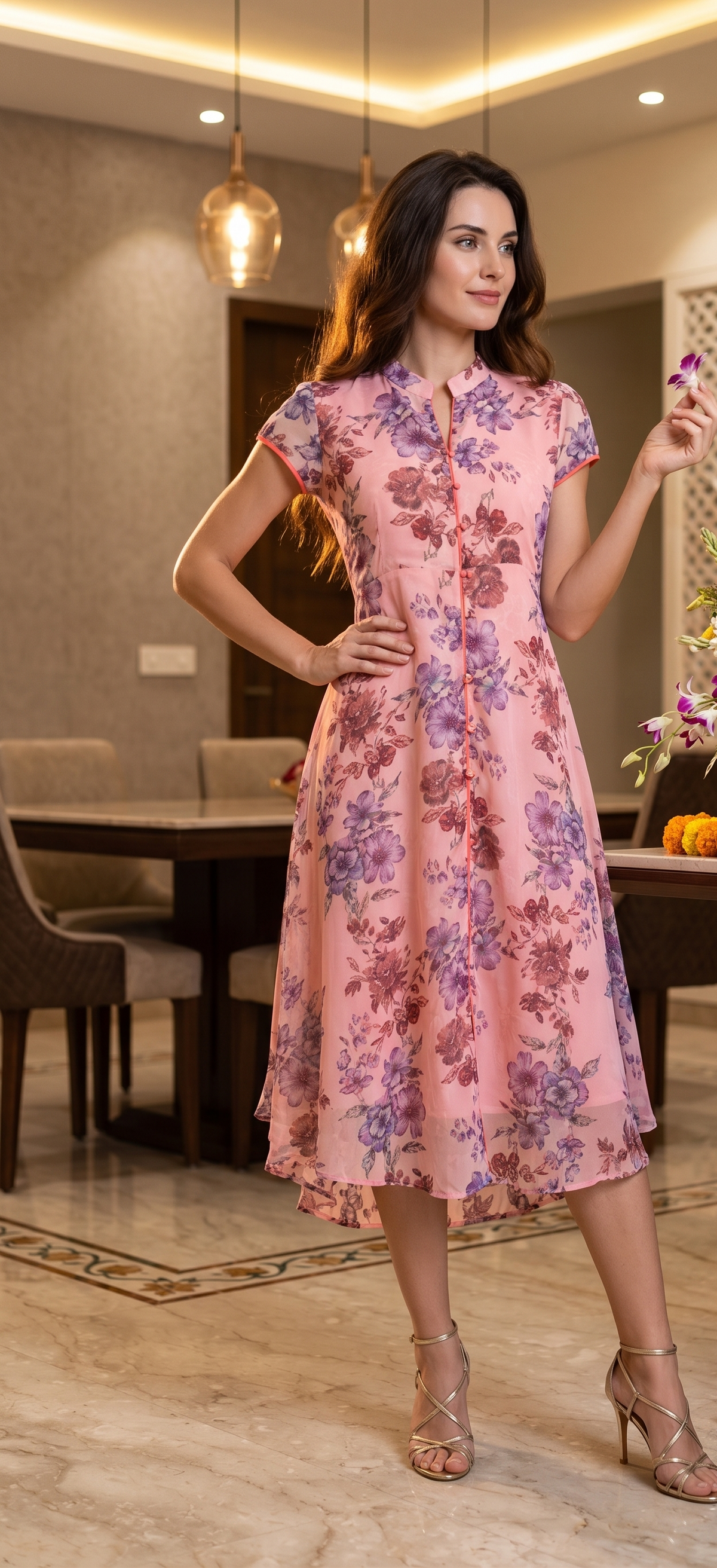 Souchii Pink Floral Printed Chiffon Fit & Flare Midi Dress