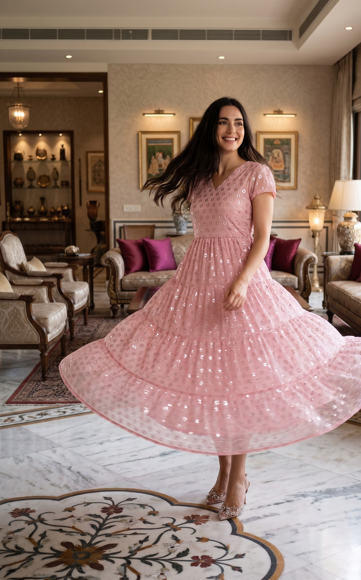Souchii Pink Sequin Embroidered Fit & Flare Midi Party Dress