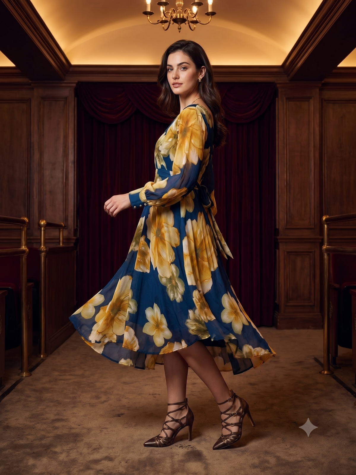 Blue Floral Fit & Flare Maxi Dress with Full Sleeves