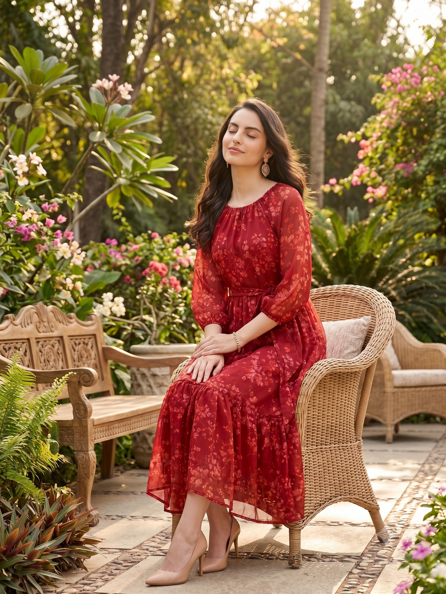 Floral Printed Chiffon Midi Dress with Sheer Sleeves | Souchii