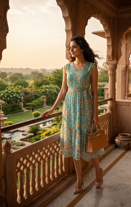 Souchii Women's Sky Blue Floral Printed Chiffon Midi Dress with Waist Tie | Elegant Sleeveless Summer Dress