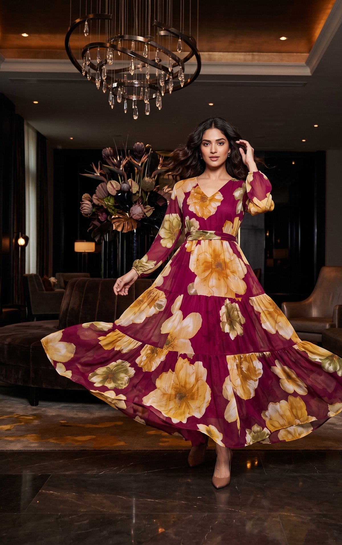 Burgundy Floral Tiered Maxi Dress with V-Neck & Full Sleeves