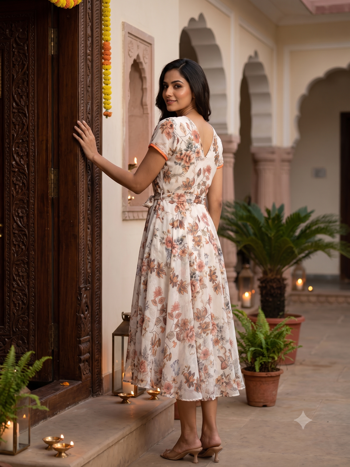 Souchii Floral Fit & Flare Midi Dress for Women – V-Neck Short Sleeve Elegant Dress