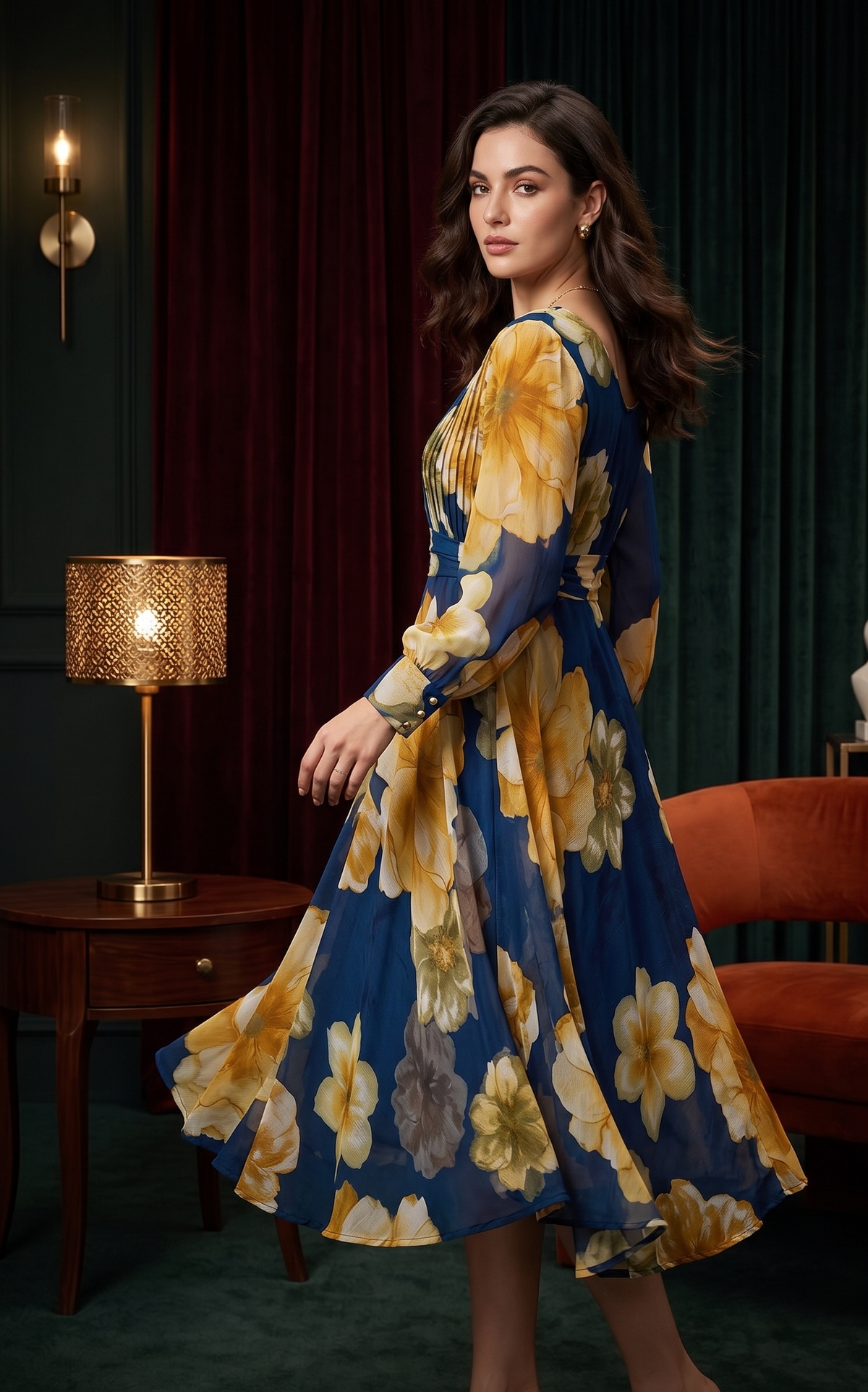 Blue Floral Fit & Flare Maxi Dress with Full Sleeves