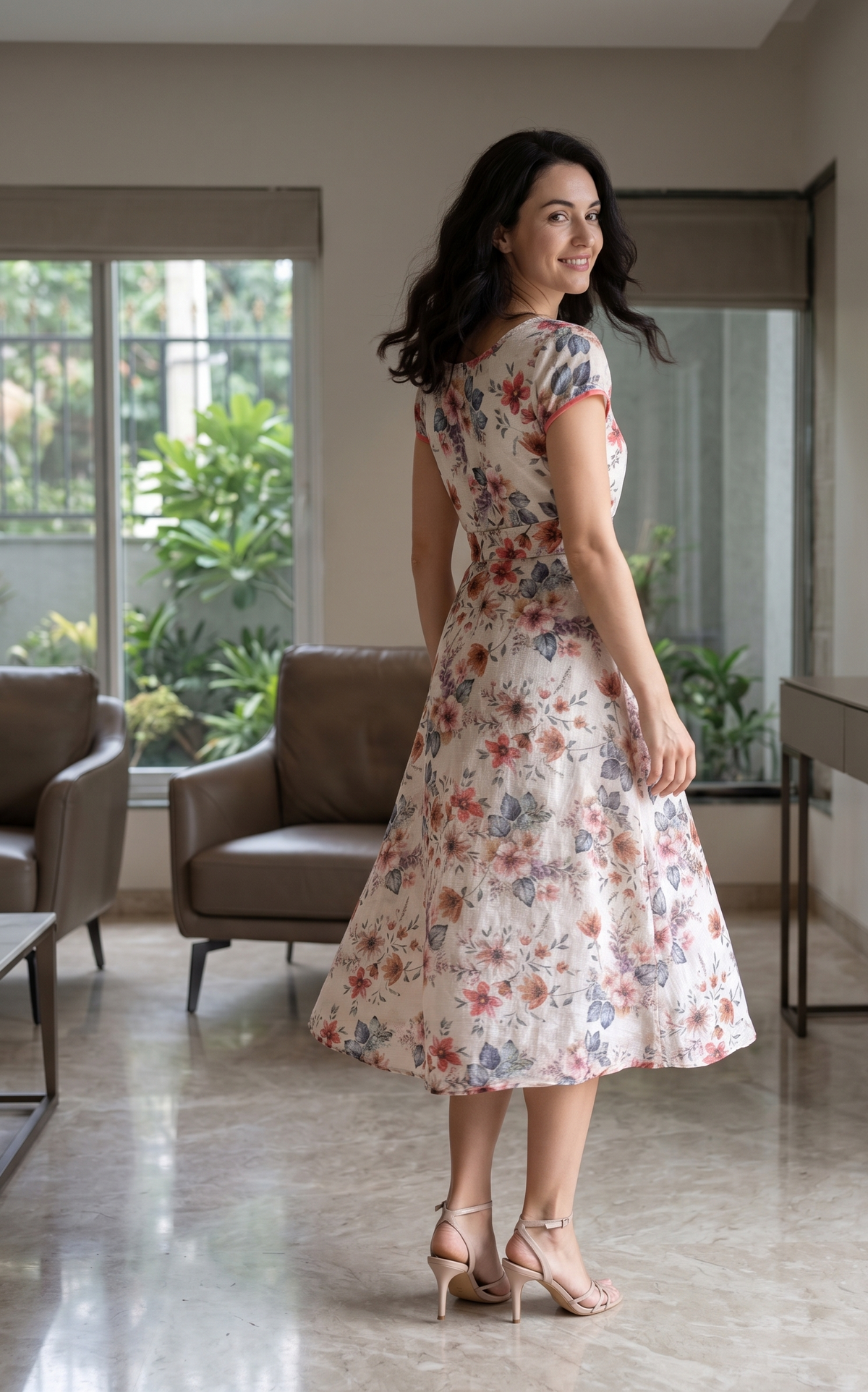 Ivory Floral  Midi Dress with Waist Tie | Souchii