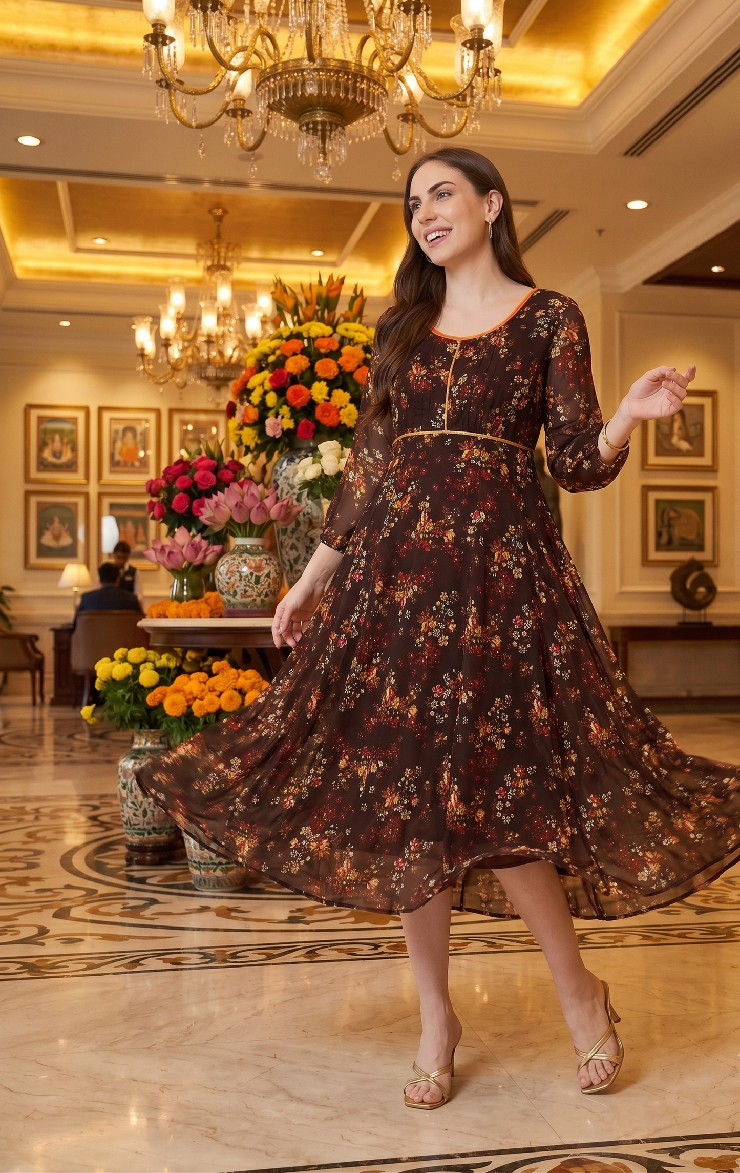 Souchii Brown Floral Print Midi Dress for Women | Sheer Sleeve Fit & Flare Dress