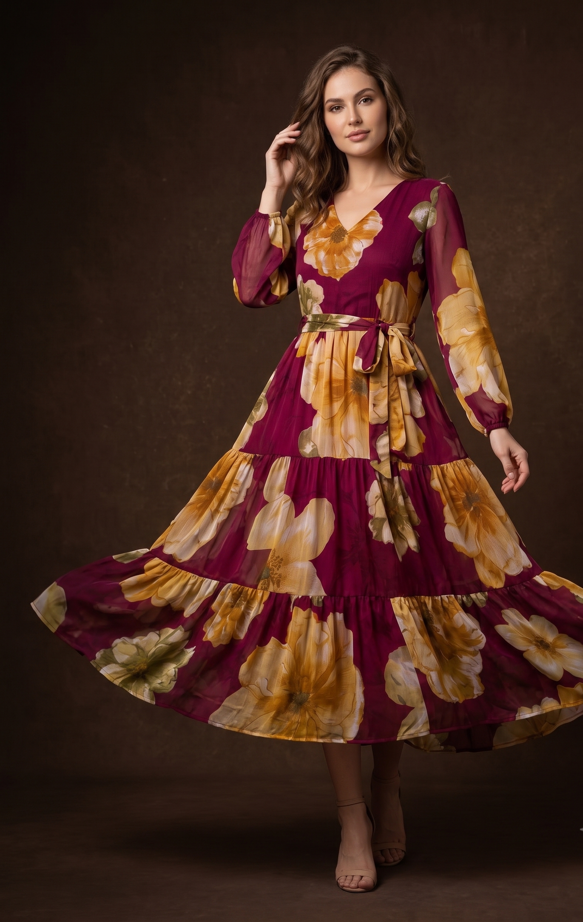 Burgundy Floral Tiered Maxi Dress with V-Neck & Full Sleeves
