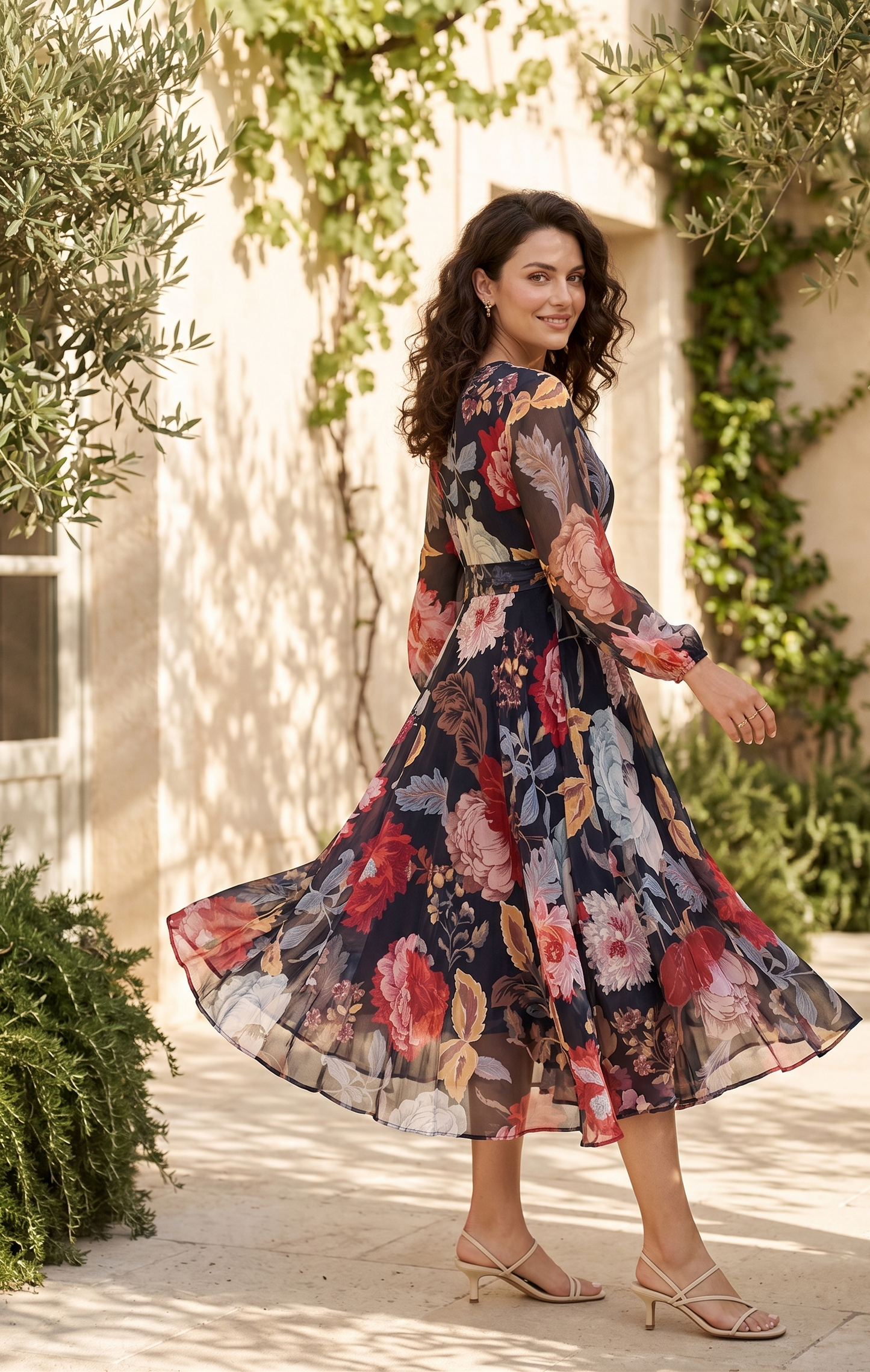 Women's Navy Blue Floral Printed Chiffon Midi Dress | V-Neck Fit & Flare Dress | Souchii