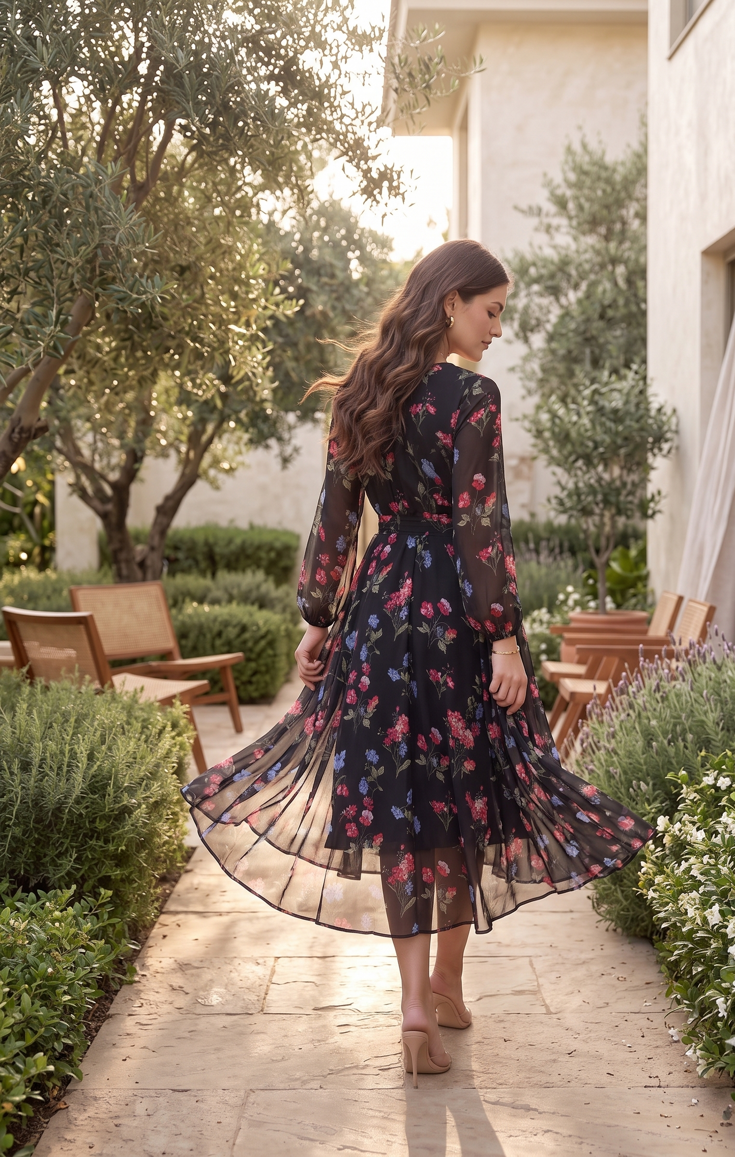 Black Floral Printed Chiffon Fit & Flare Midi Dress with Waist Tie