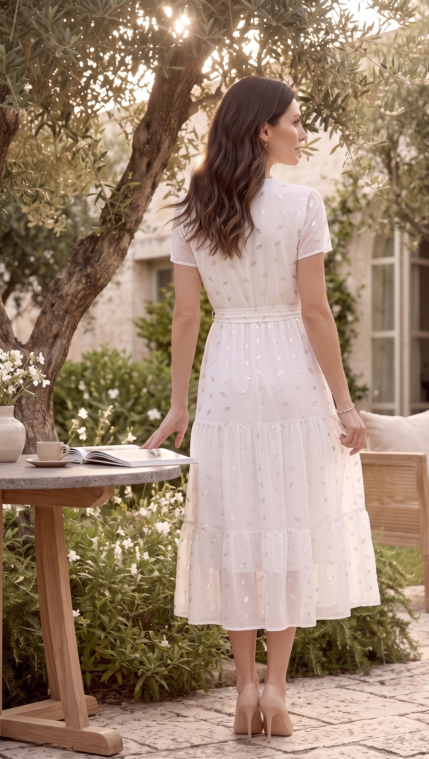 Ivory White Metallic Leaf Print Tiered Midi Dress with Waist Tie