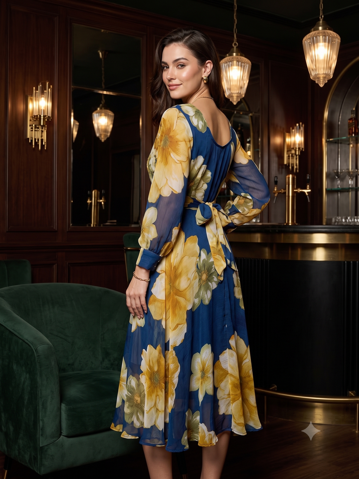 Blue Floral Fit & Flare Maxi Dress with Full Sleeves