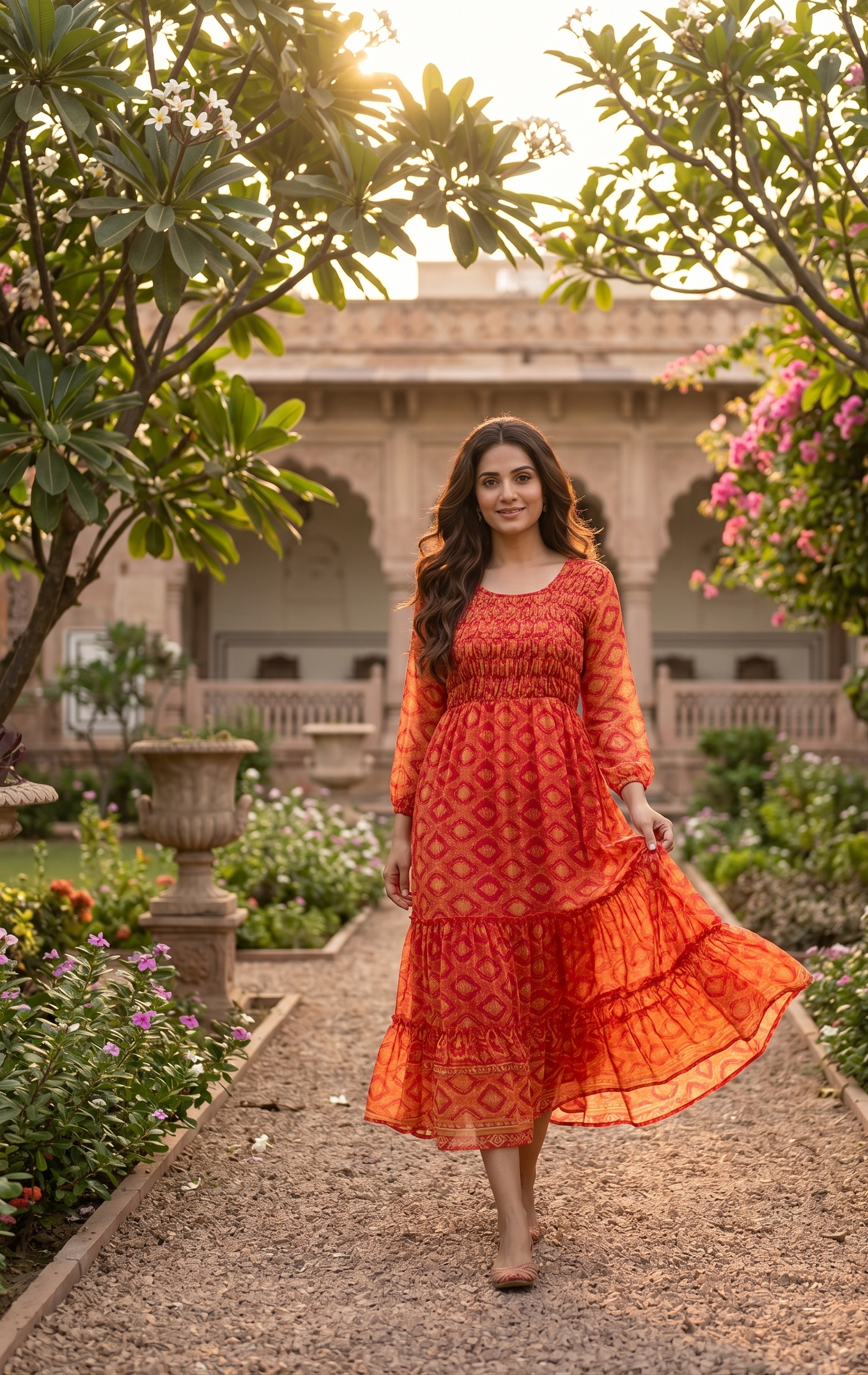Souchii Red Printed Chiffon Midi Dress