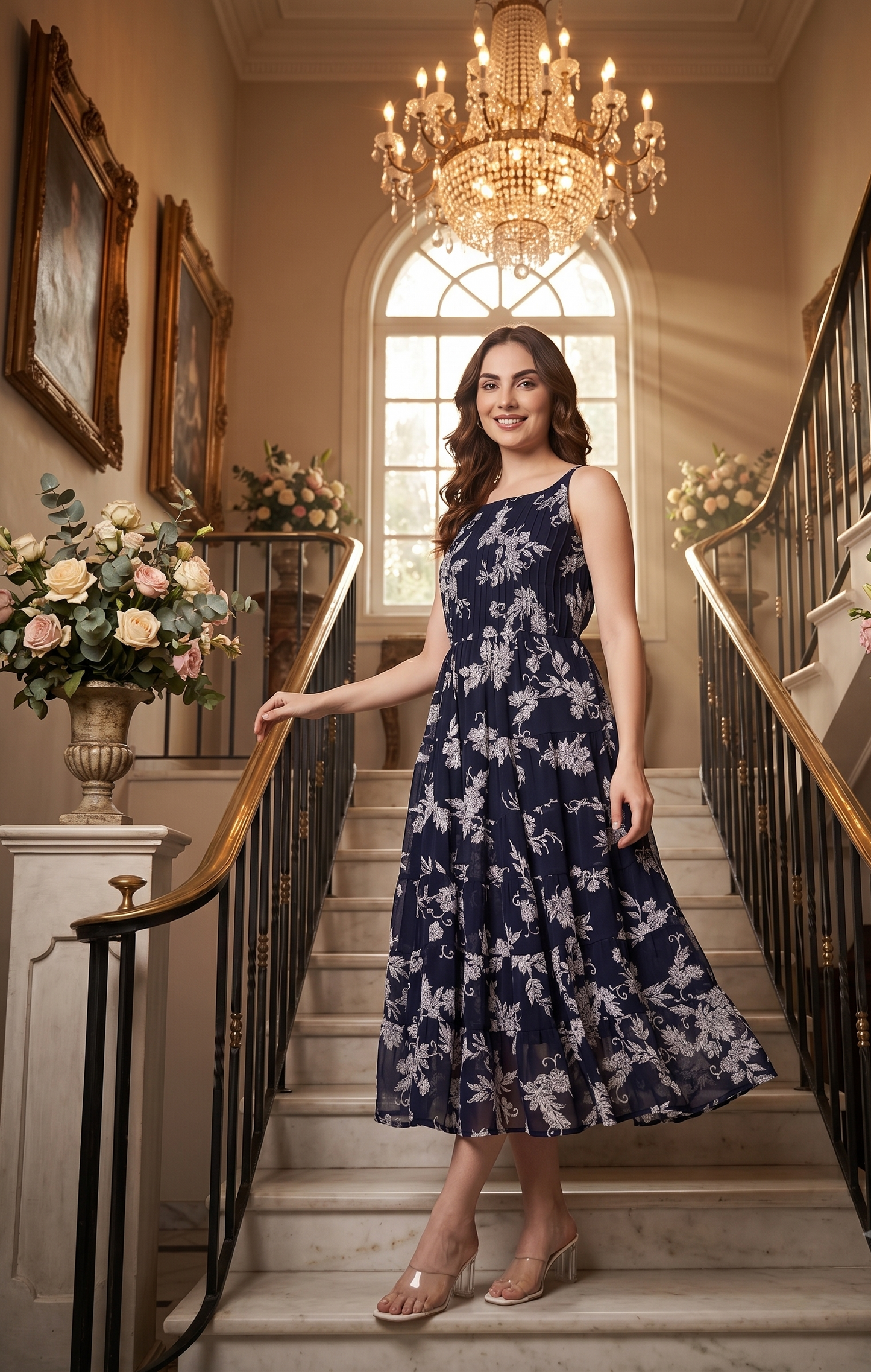 Souchii Women's Navy Blue Floral Printed Tiered Chiffon Midi Dress | Elegant Sleeveless Fit & Flare Party Dress