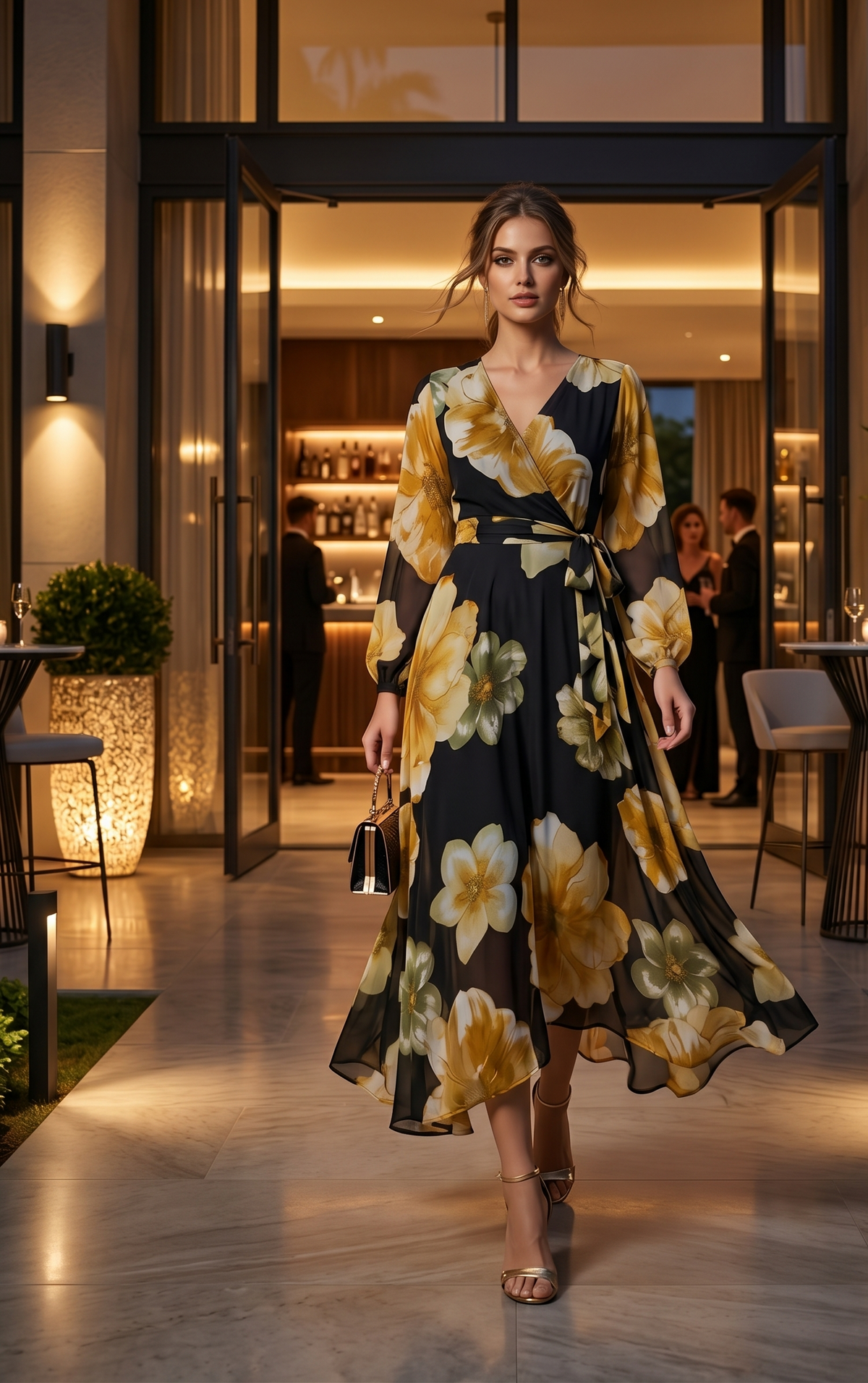 Black Floral Chiffon Maxi Dress with Flared Frill Hem