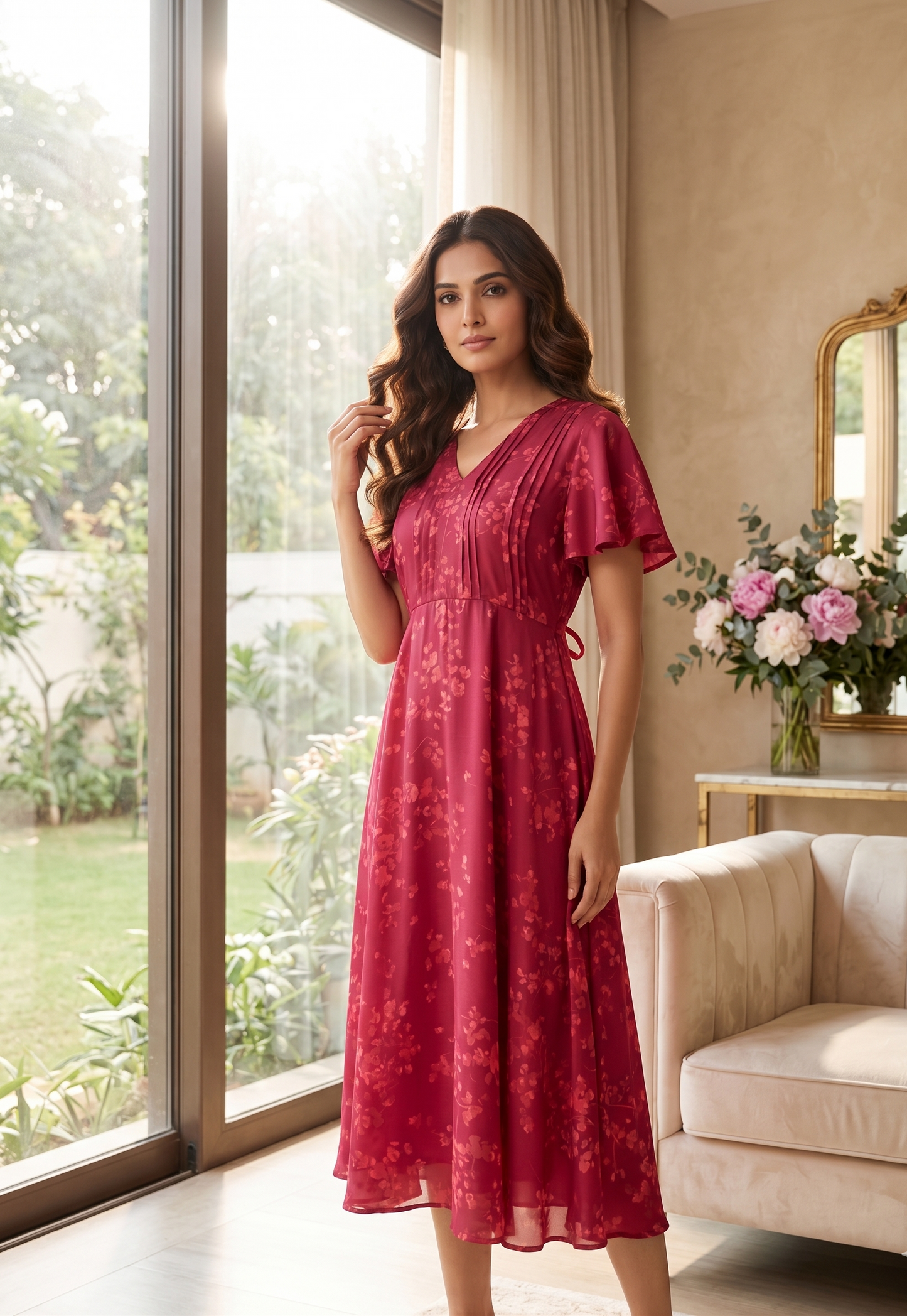 Souchii Women Red Floral Print Chiffon Fit & Flare Midi Dress with Flutter Sleeves