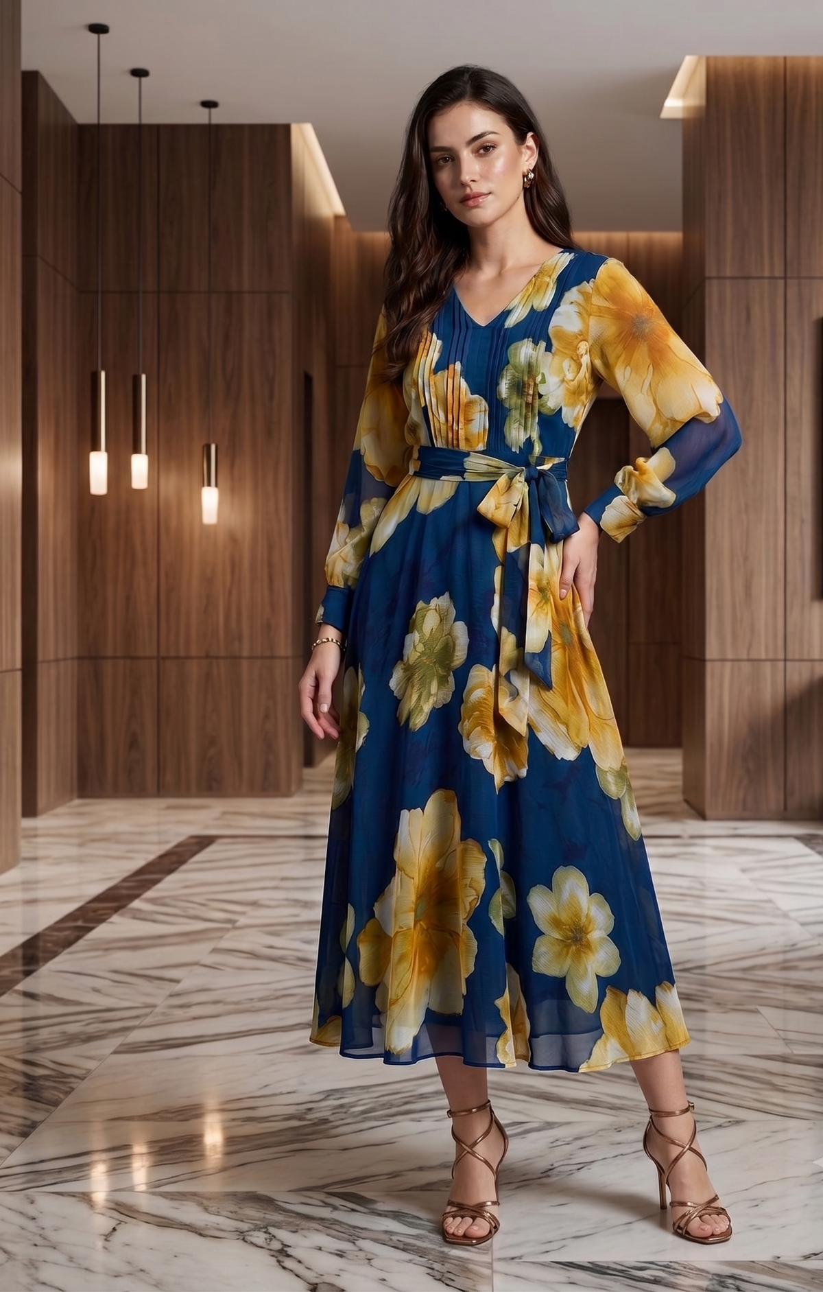 Blue Floral Fit & Flare Maxi Dress with Full Sleeves