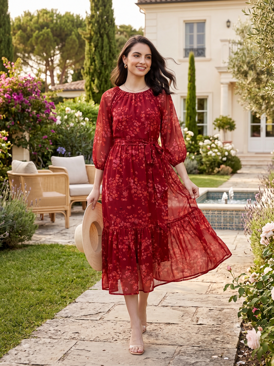 Floral Printed Chiffon Midi Dress with Sheer Sleeves | Souchii