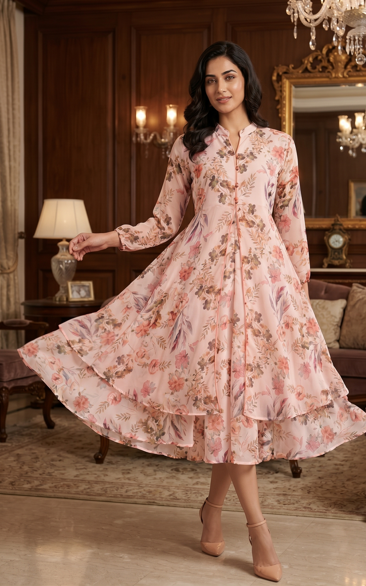 Pale Pink Floral Midi Dress for Women | Souchii