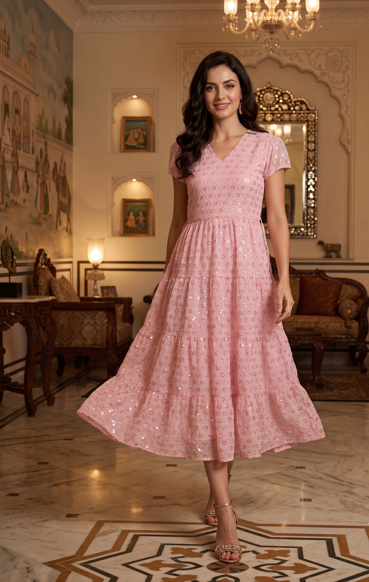 Souchii Pink Sequin Embroidered Fit & Flare Midi Party Dress
