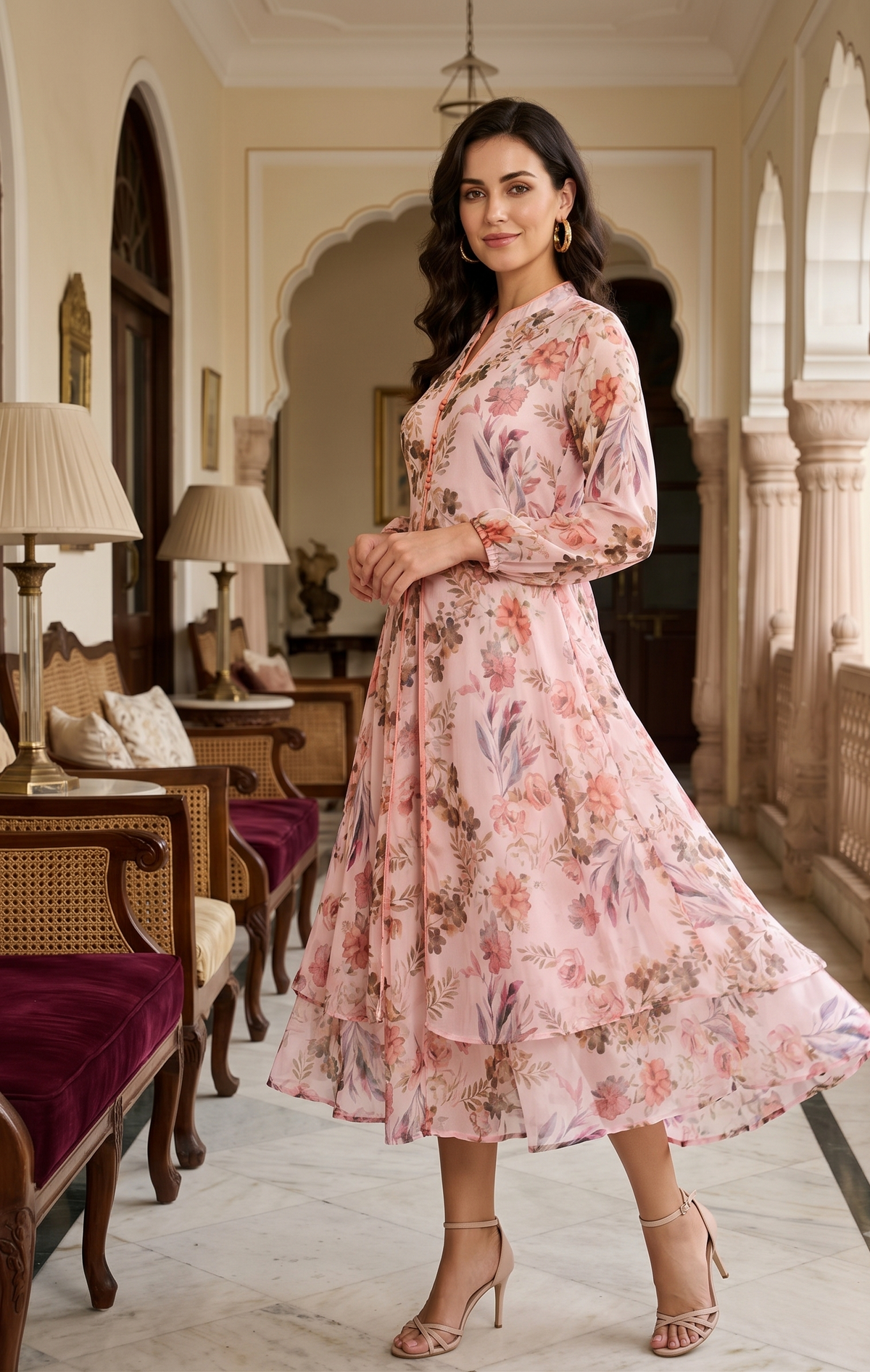 Pale Pink Floral Midi Dress for Women | Souchii