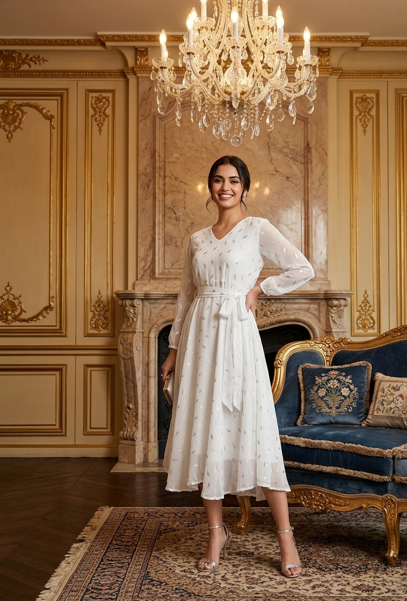 Souchii White Silver Embellished Chiffon Party Dress