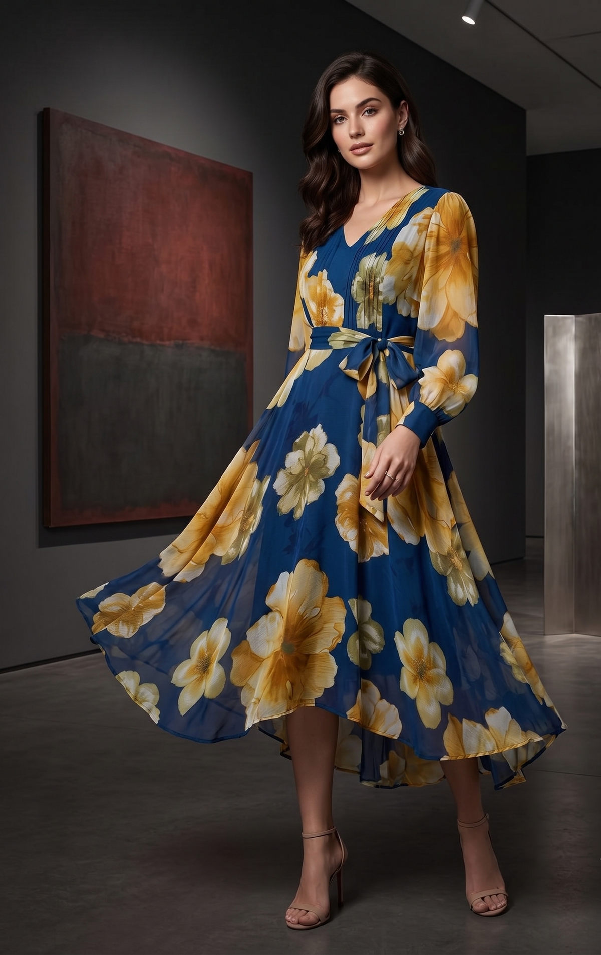 Blue Floral Fit & Flare Maxi Dress with Full Sleeves
