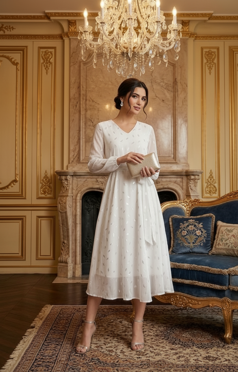 Souchii White Silver Embellished Chiffon Party Dress
