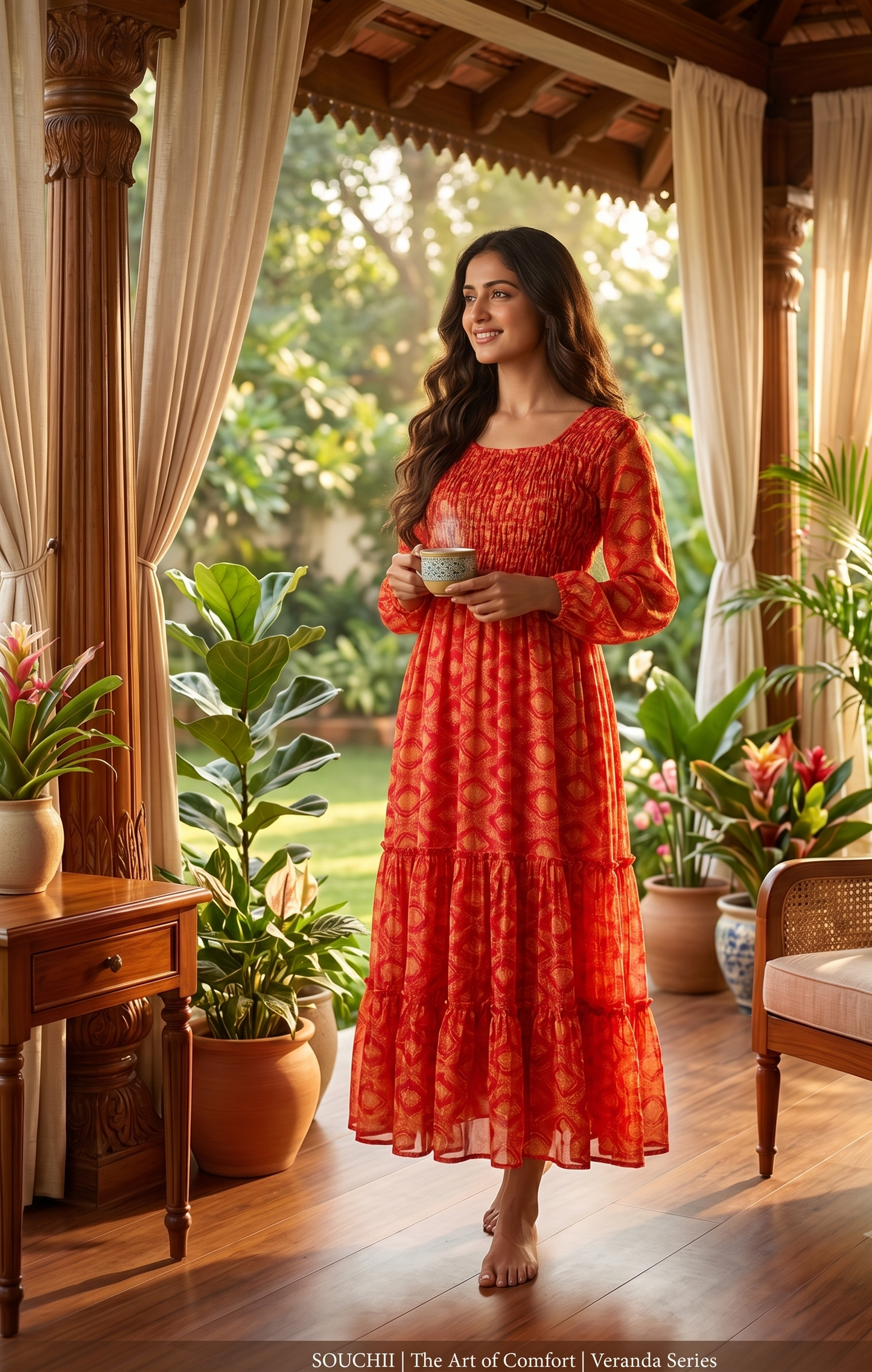 Souchii Red Printed Chiffon Midi Dress