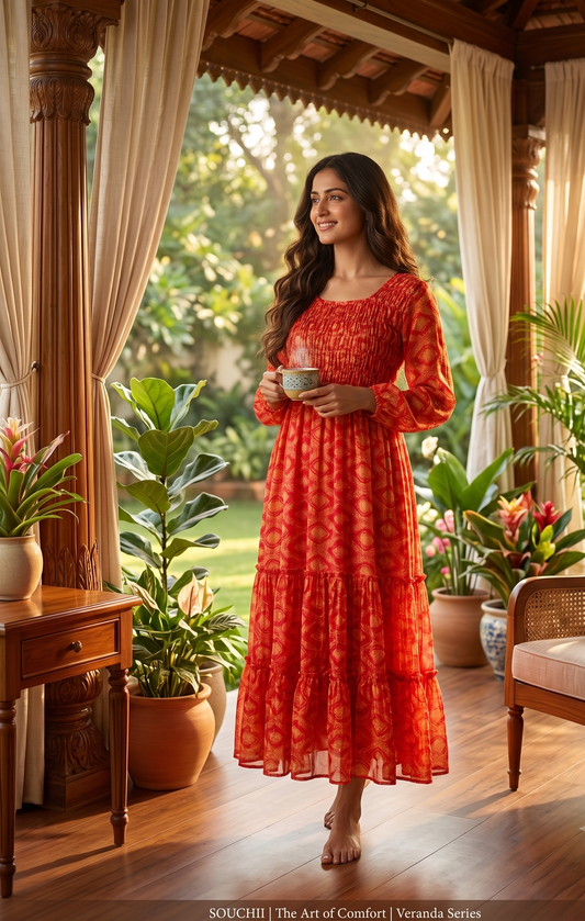 Souchii Red Printed Chiffon Midi Dress