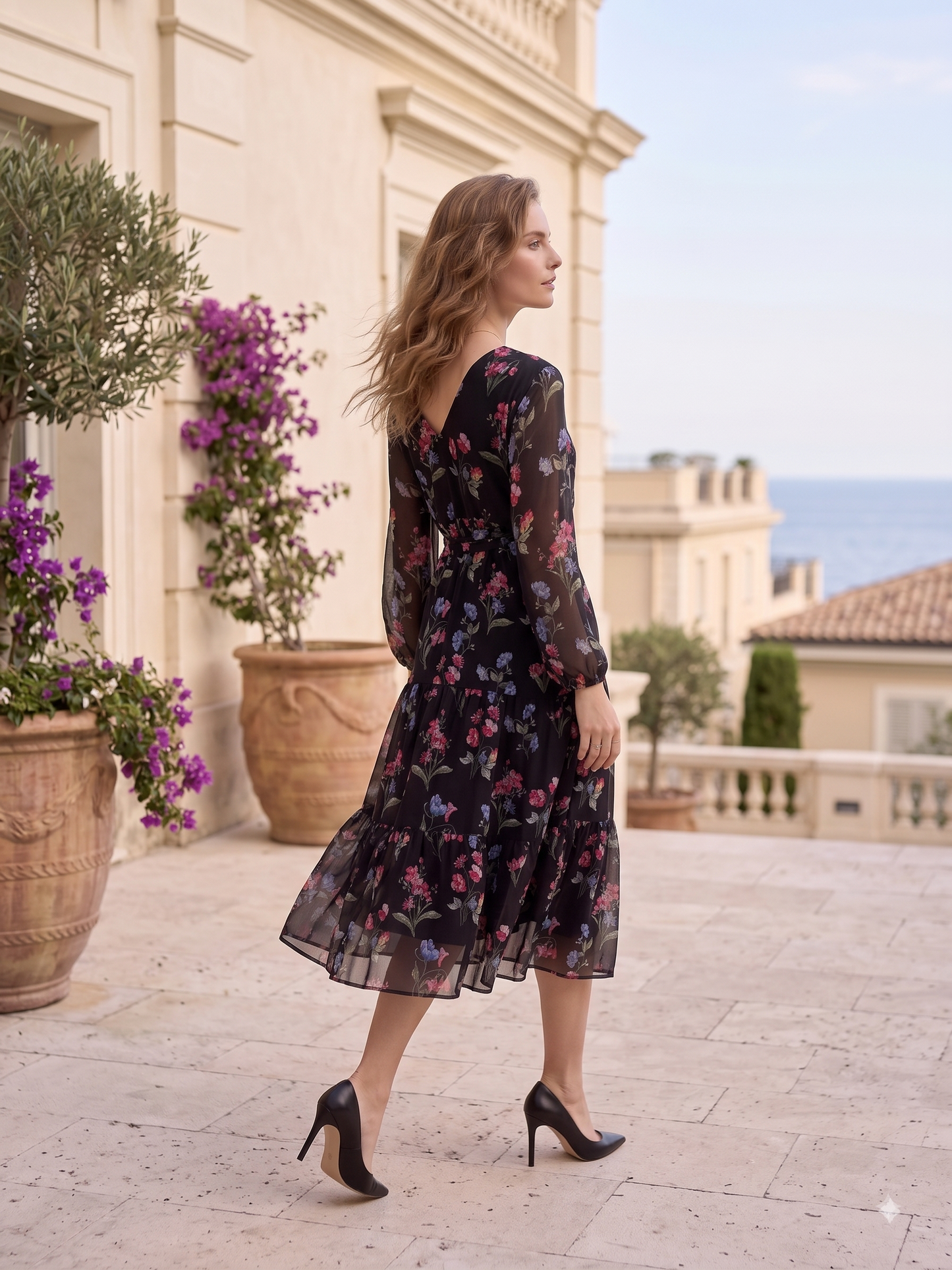 Women Black Floral Printed Fit & Flare Midi Dress