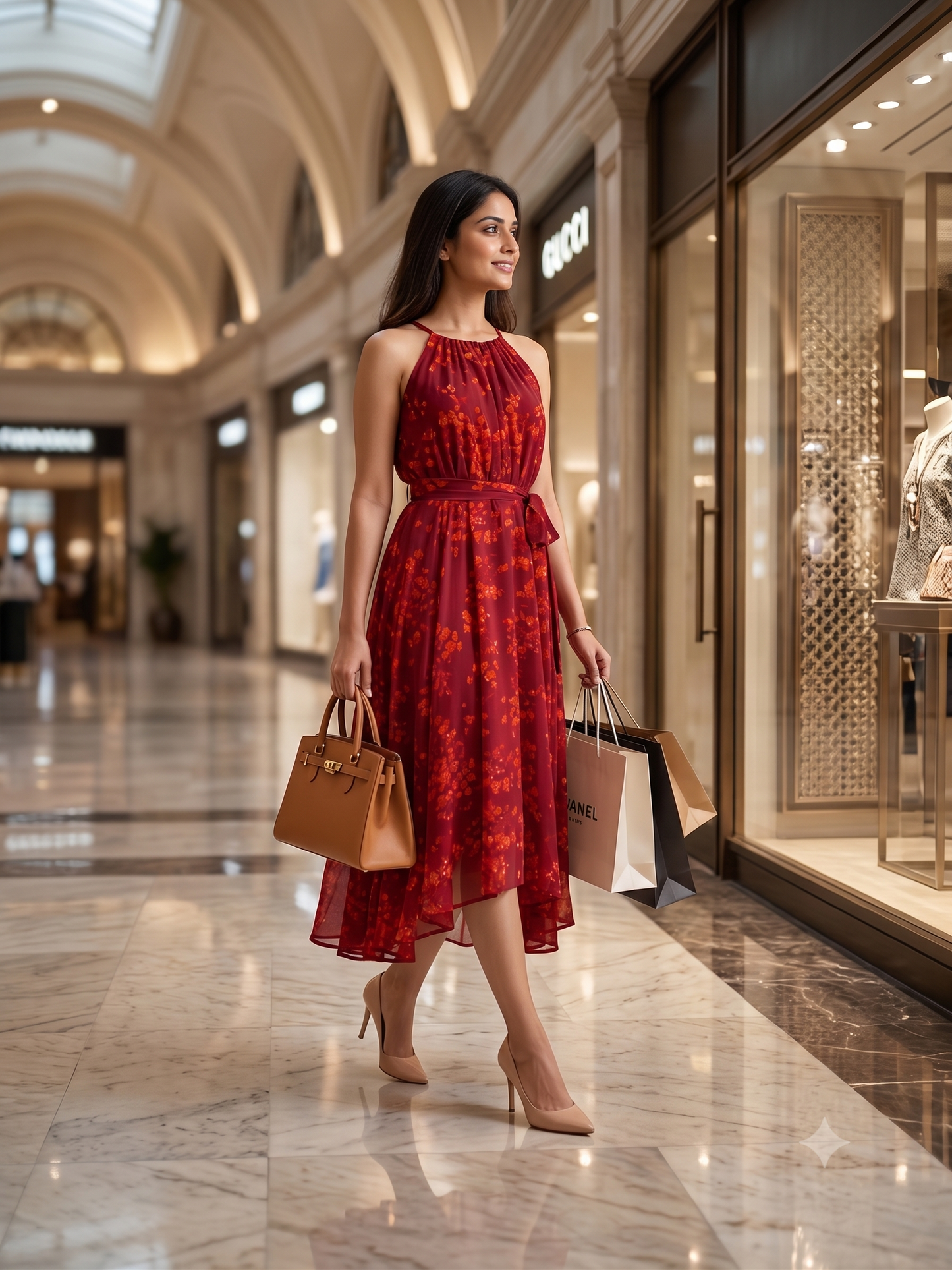 Souchii Women's Maroon Floral Printed Chiffon Midi Dress with Waist Tie Belt